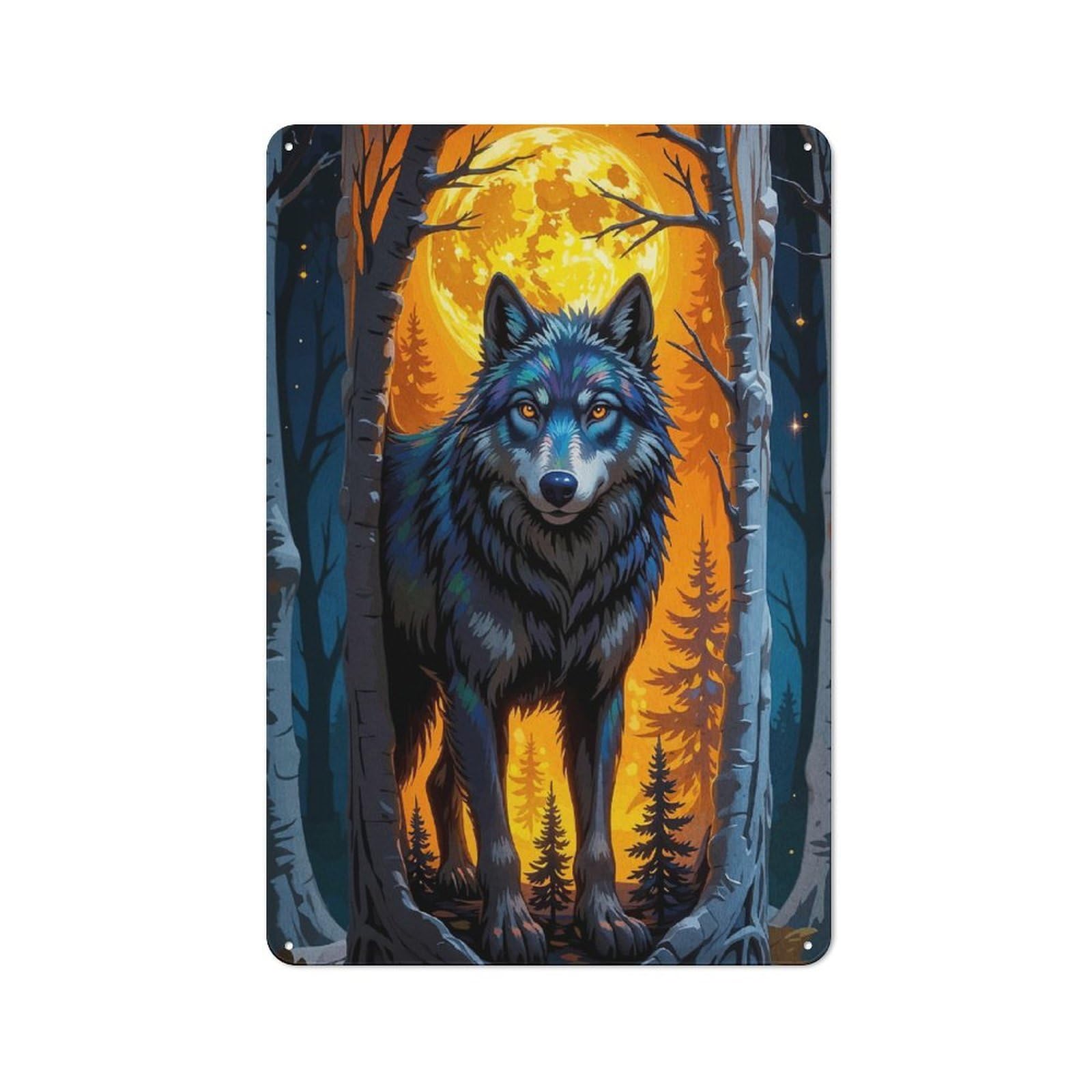 Understated Office Metal Sign 30x20cm Featuring Wolf Forest Full Moon, Studio Wall Plaque for Office, Study, Studio Or Hallway
