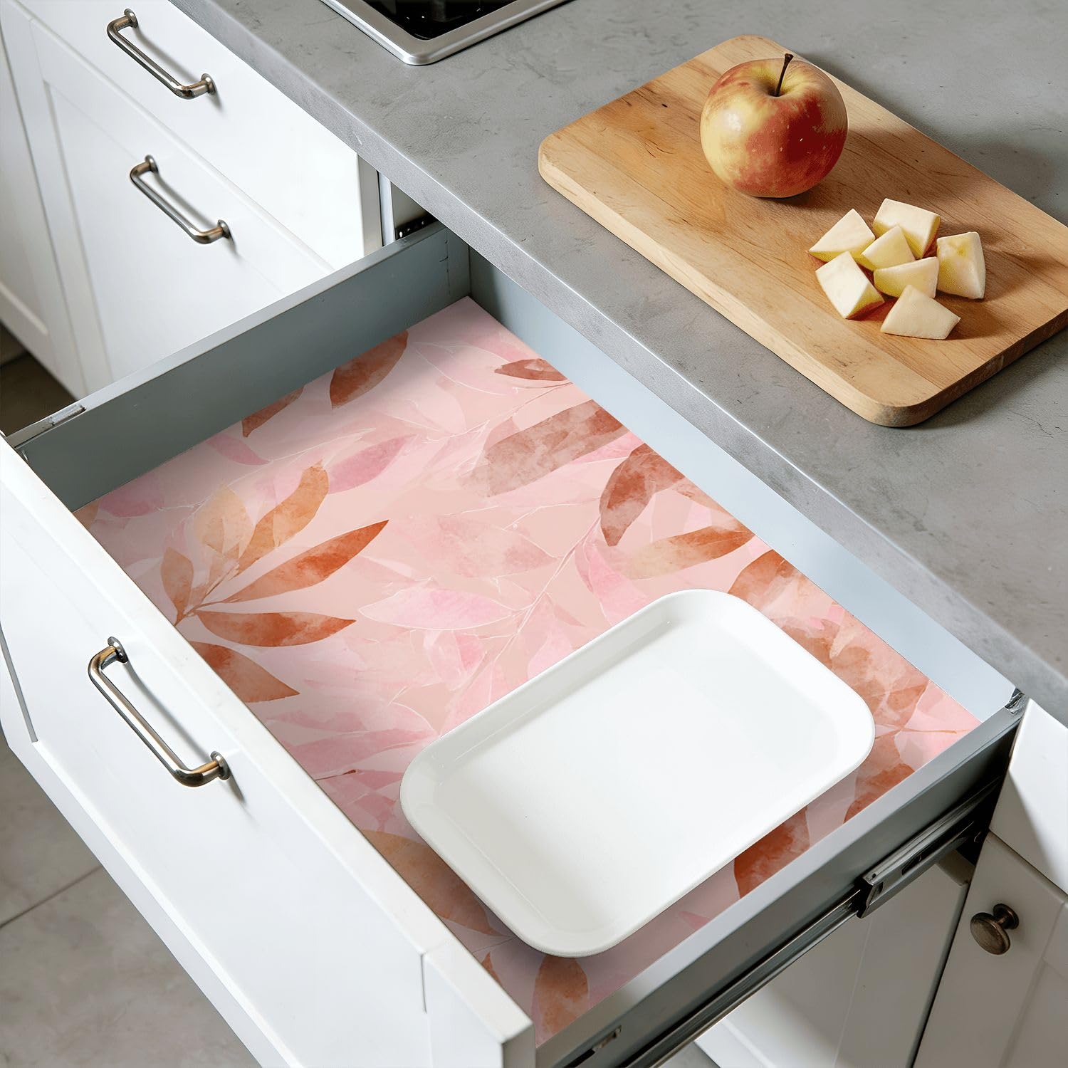 Rivestimento autoadesivo per mensole e armadi, motivo foglia rosa e arancione, effetto acquerello, 45 cm x 3 m, carta da parati autoadesiva per mobili da cucina e cassetti