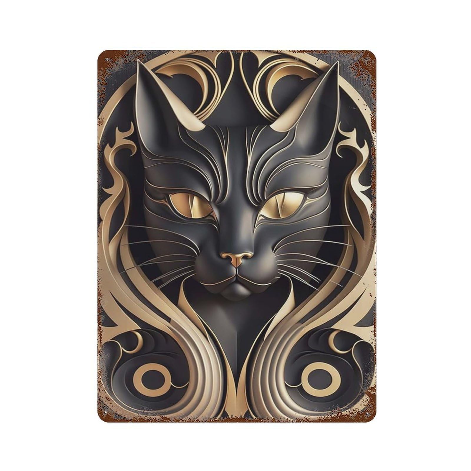 Golden Black Cat Art Deco Retro Metal Sign 15.7"x11.8", Shabby Chic Decor for Bistro, Counter And Cafe Decor