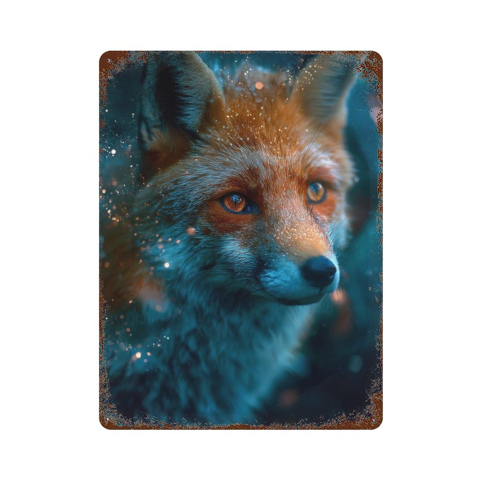 Rusty Metal Tin Sign Glowing Fox Portrait 15.7"x11.8", Rustic Home Decor for Shed, Workshop And Garage Wall Decor