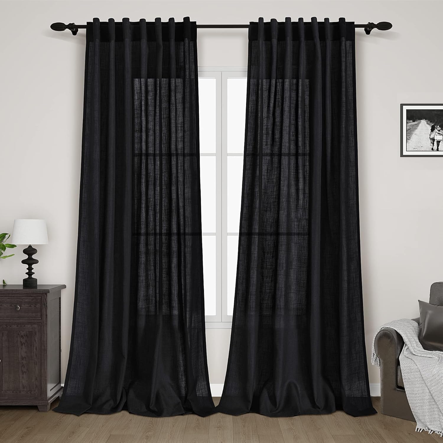 Black Linen Curtains 120 inch Extra Long for Living Room Back Tab Light Filtering Semi Sheer Drapes Modern Farmhouse Muslin Look Decor Cotton Textured Curtain for Floor to Ceiling Window 10 FT
