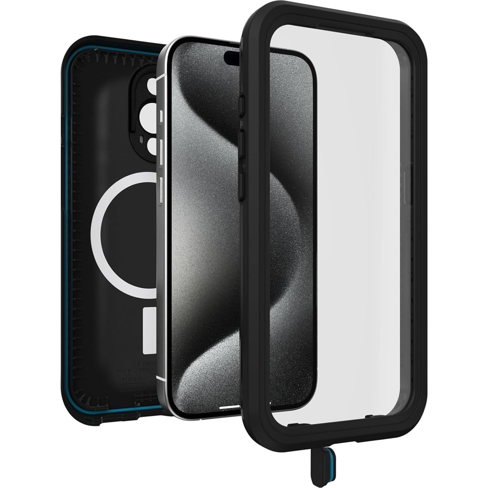 OtterBox Cover per iPhone 15 Pro Fre per MagSafe, resistente a acqua (IP68), shock, cover sottile con protezione schermo integrata, 5x vs le norme anti caduta MIL-STD 810G, Nero