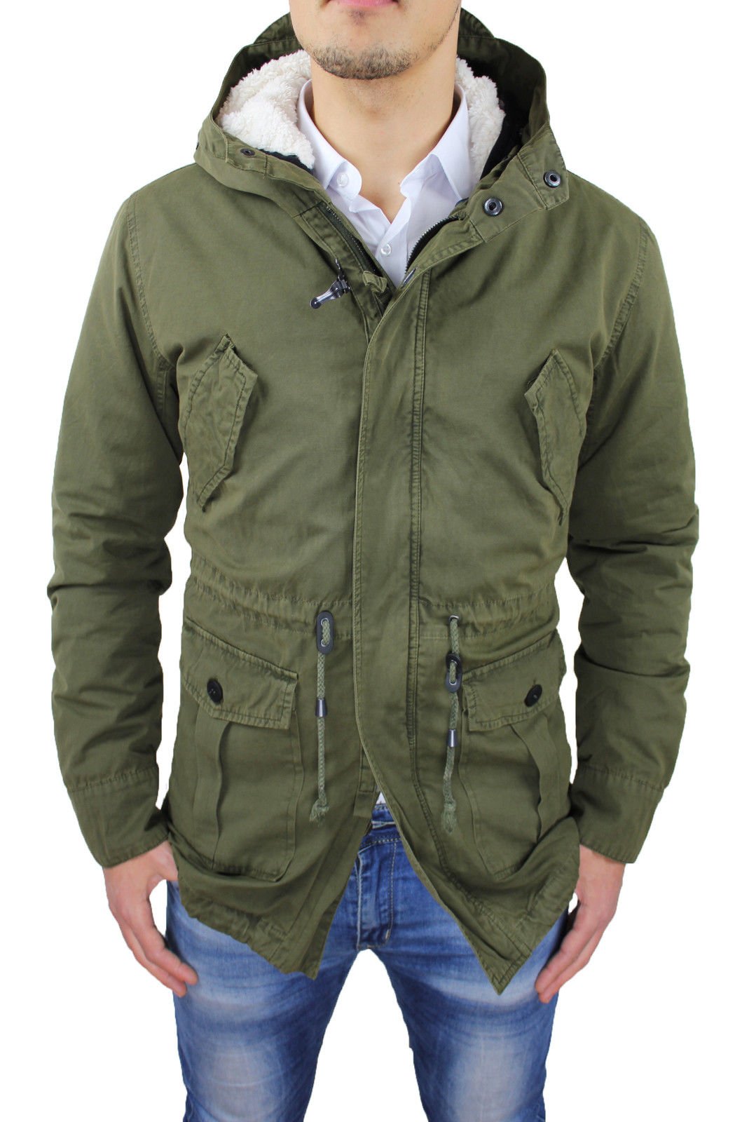 Giaccone Uomo Parka Verde Militare Casual Invernale Giacca Cappotto con Pelliccia Interna