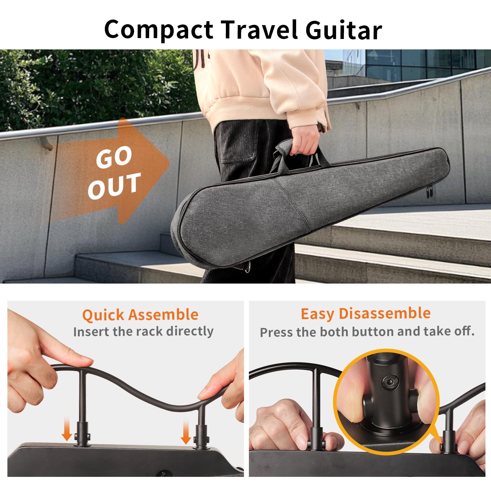 Mini chitarra elettrica da viaggio, piccola chitarra leggera senza testa per pratica, portatile, compatta e solida, facile da montare, con custodia, Sunburst