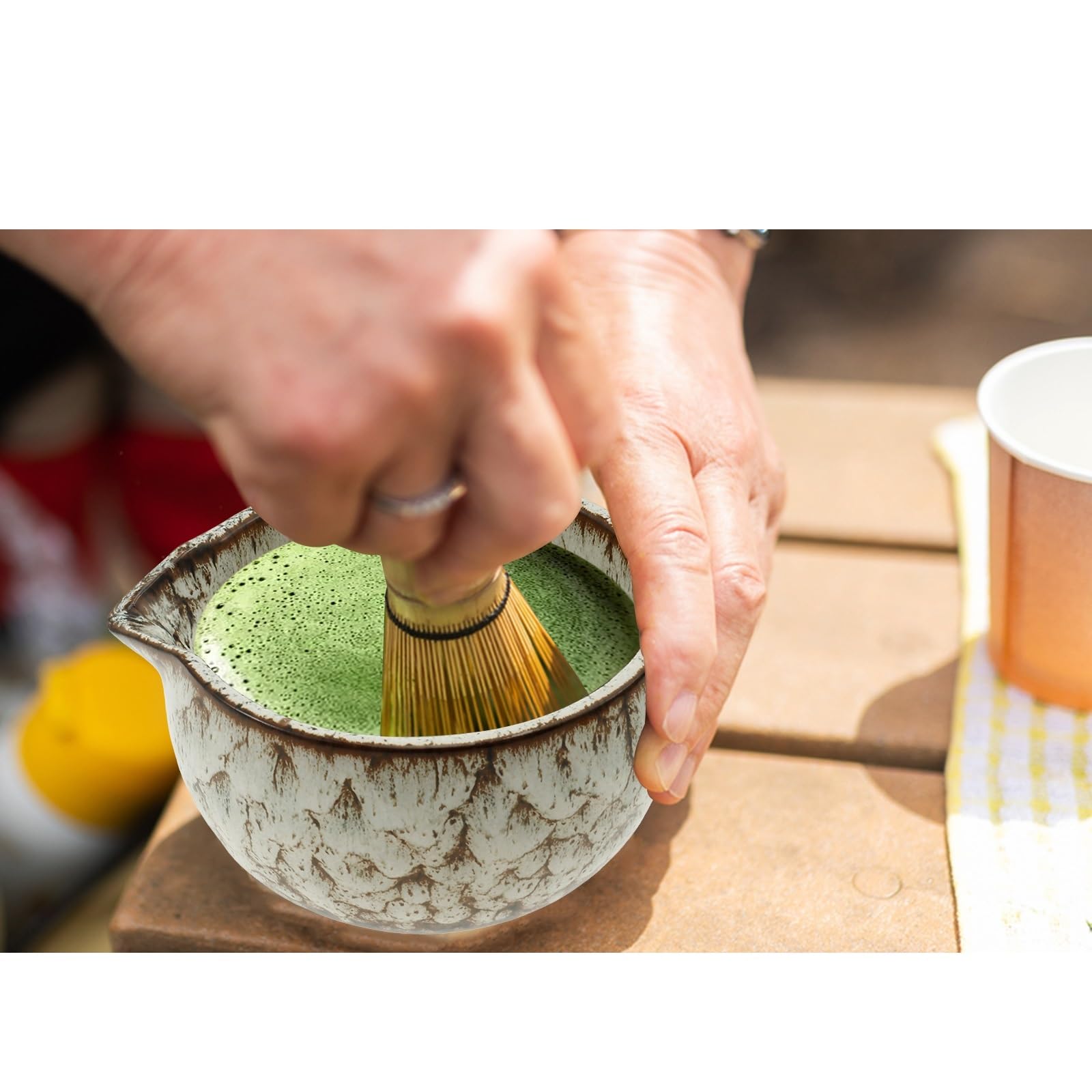 Juego de 6 batidores matcha. Incluye soporte for batidor, cuenco cerámica, colador acero inoxidable, cuchara for té, madera Te matcha kit(White)