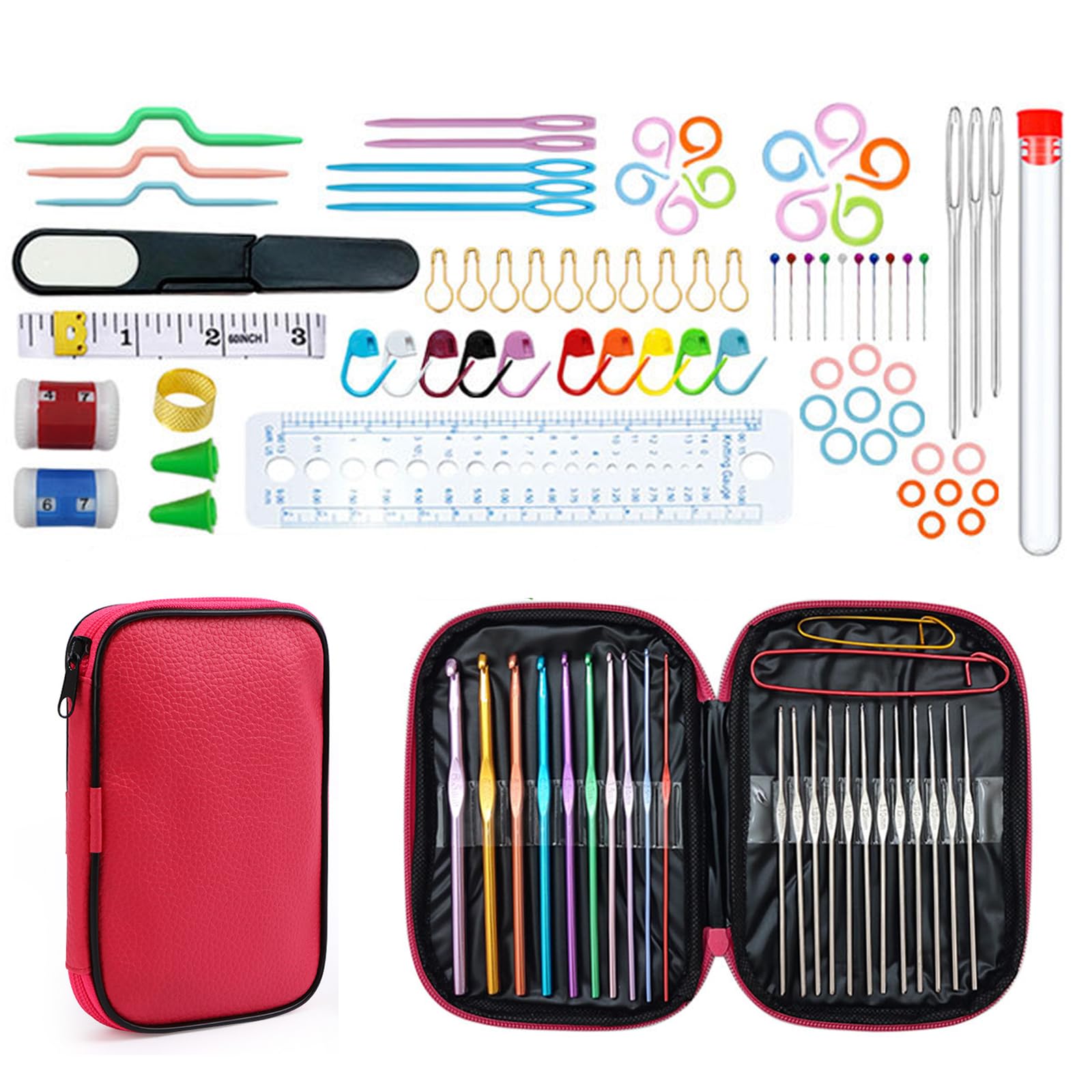 JSTHHTT 100 Pcs Crochet Hooks Set, Crochet Kits for Beginners Adults, Knitting Needles, Knitting Tools with Portable Case,Size 0.6mm to 6.5mm, with Stitch Markers and Large Eye Blunt Needles