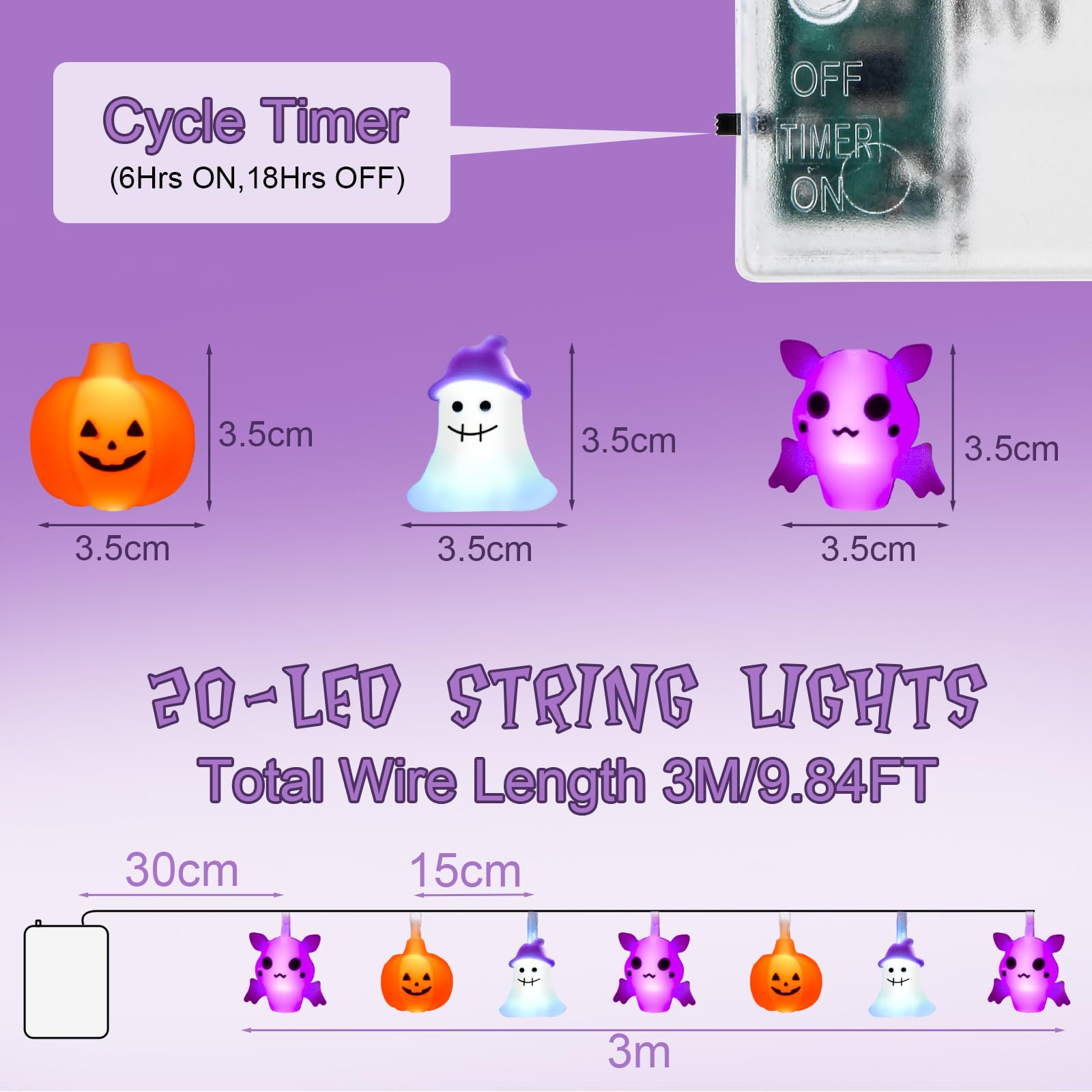 Halloween Lichterkette 3m Mit Timer - 20 LED Kürbis Geist Fledermaus Deko