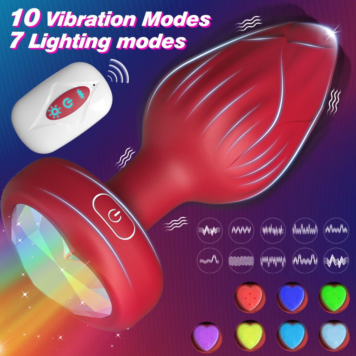 Anal Plug Vibrator Couples Sex Toys for Women, Light Up Vibrating Butt Plug with 10 Vibrations Adult Toys, Women Rose Sex Toys Anal Vibrators: Red