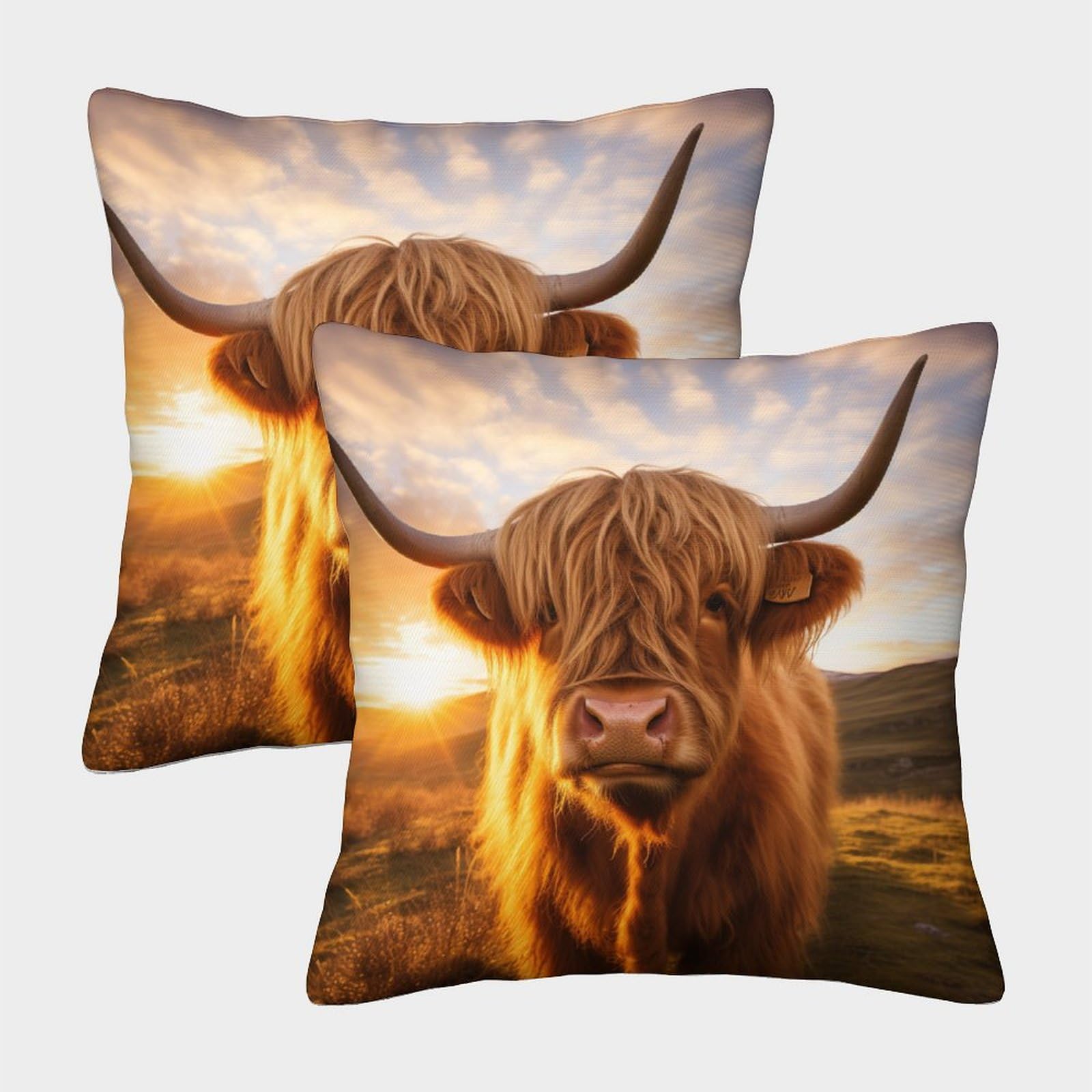 Zhuicheng Highland Cattle 3D Printed Throw Pillow Covers Cow Square Cushion Cover Garden Cushion Super Soft Pack Of 2 For Sofa Couch Bed 45X45cm
