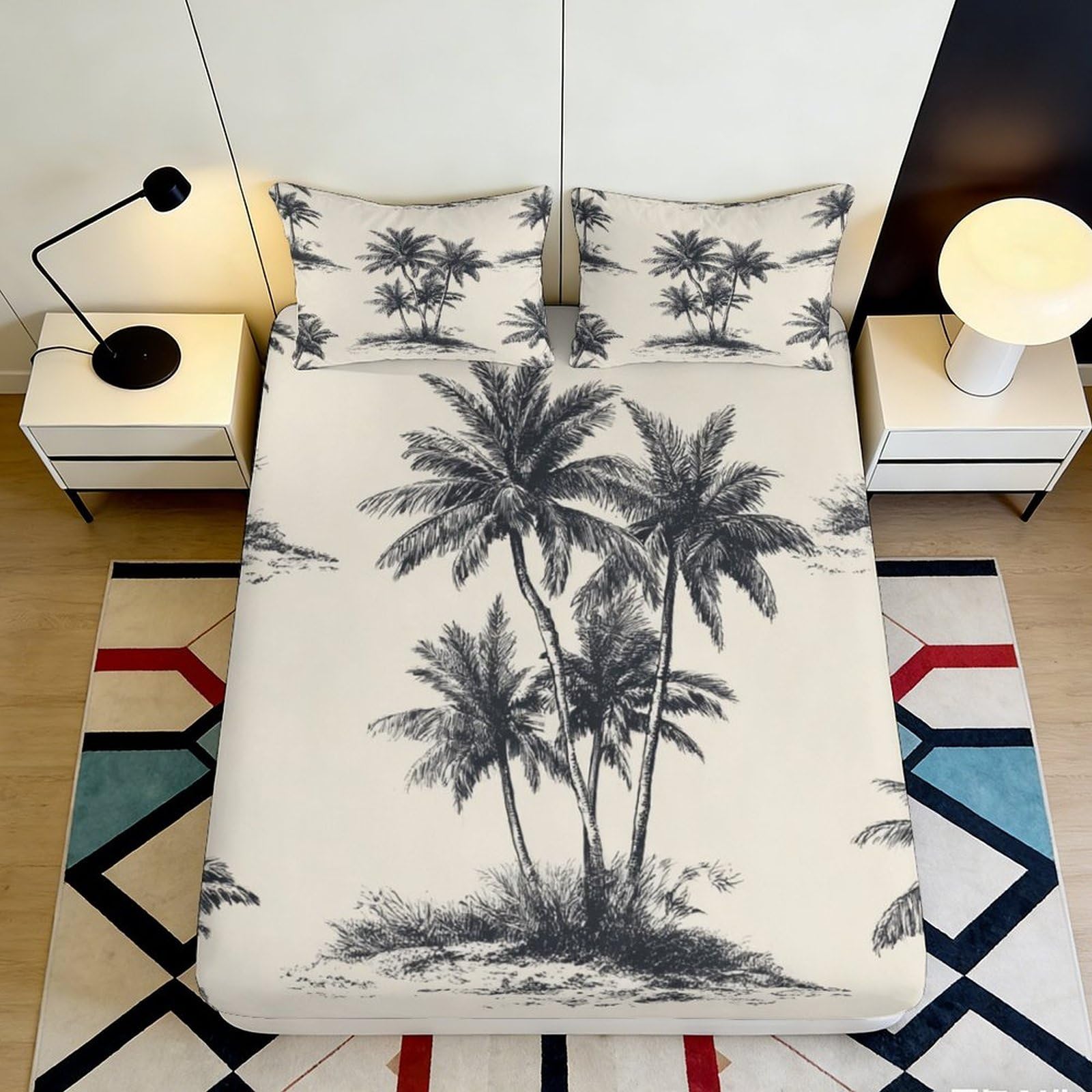 3D Printed Palm Tree Fitted Sheet Microfiber Soft Breathable Tropical Island Mattress Cover for Bedroom Dormitory Guest Room Mattress Protection Decor 160x200x25cm