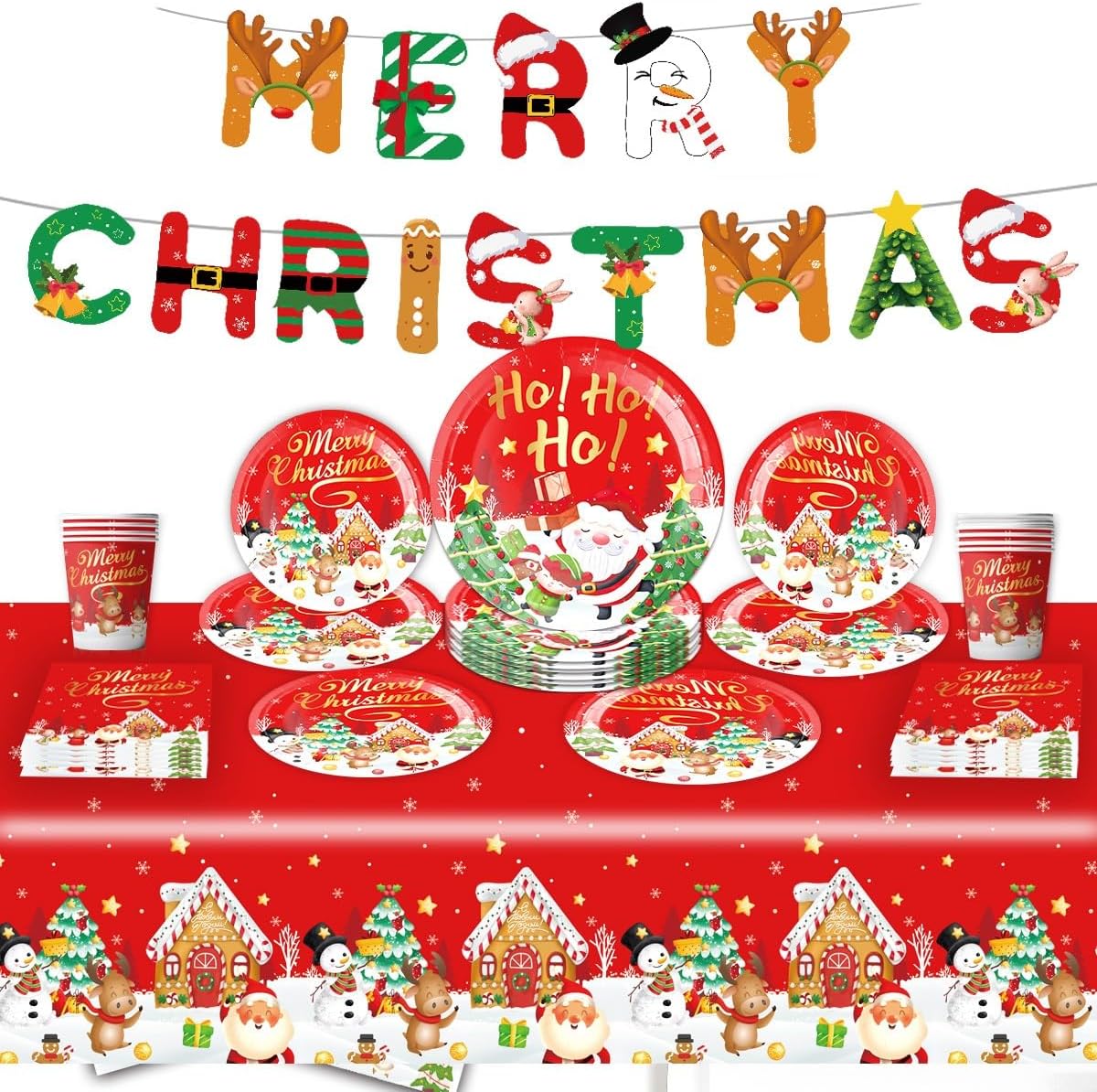 Christmas Party Tableware, Party Accessories, Paper Plates Set, Christmas Paper Plates, Reusable Paper Dinnerware Set Including Tablecloth, Plates, Cups, Napkins for