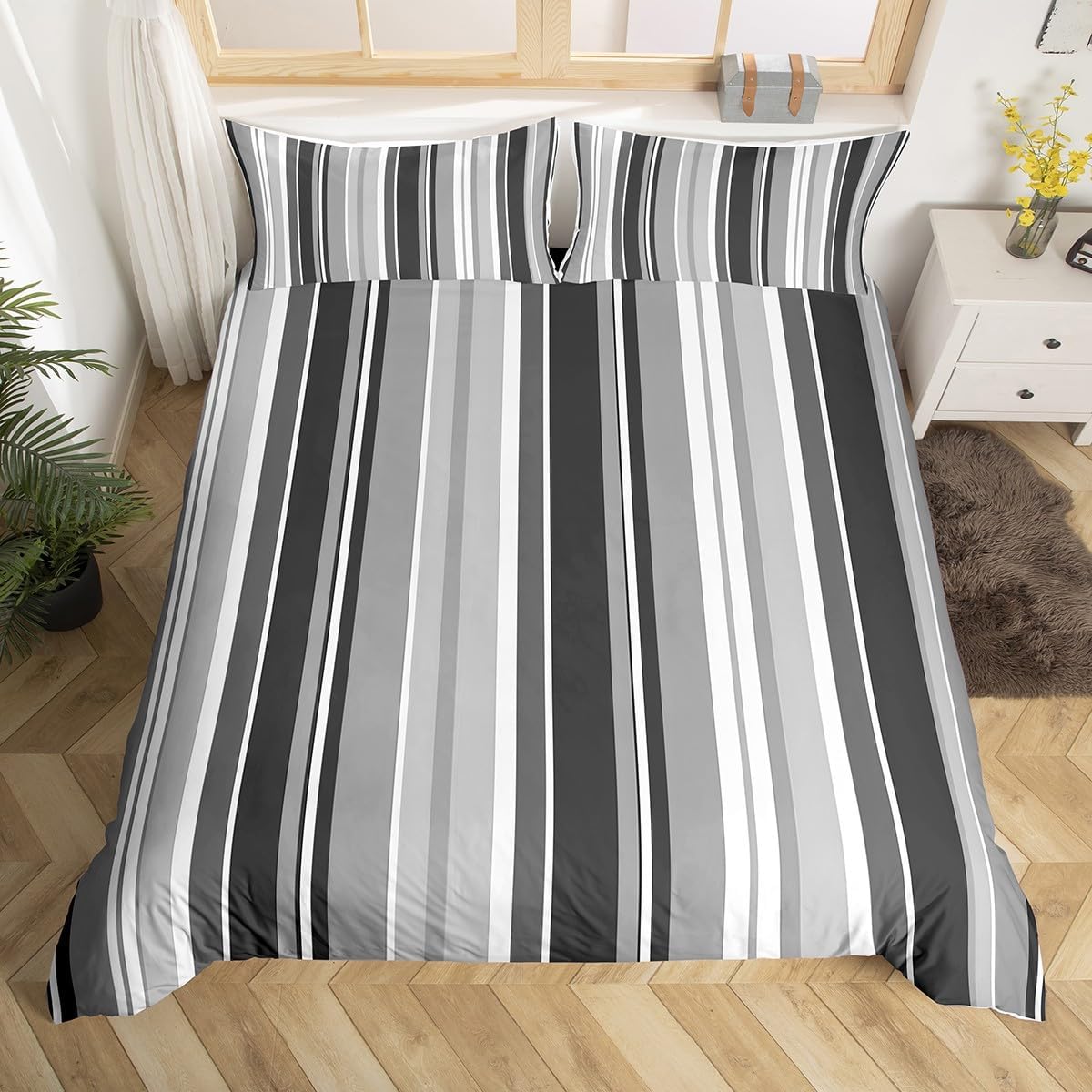 Castle Fairy Simple Stripes Bedding Set,Yellow and Gray Comforter Cover Set for Teens Women Room Decor,Chic Fashion Lines Duvet Cover Breathable Modern Stripes Bedspread Cover Full Size(No Comforter)