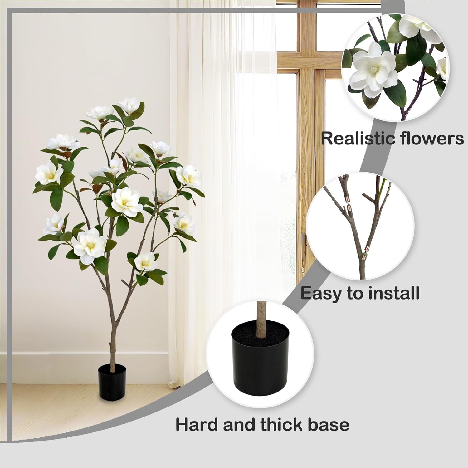 Artificial Magnolia Tree 5ft – Realistic Faux Plant with Adjustable Branches, Elegant Blooms, Easy to Assemble & Low Maintenance for Home & Office Décor