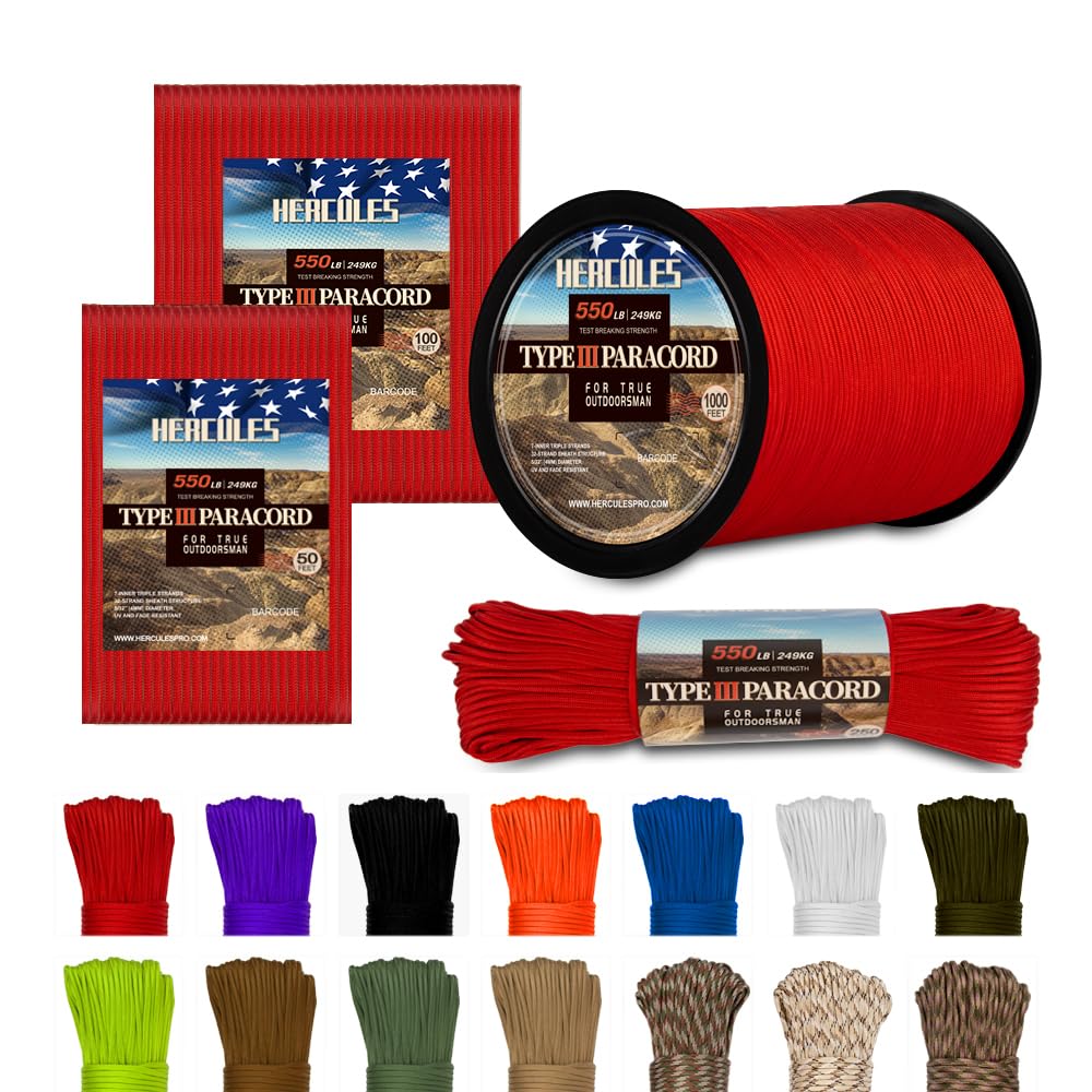 HERCULES Type III Paracord 550 Paracord Rope Parachute Cord, 250' Imperial Red Paracord for Camping Rope, Survival Rope-image-4