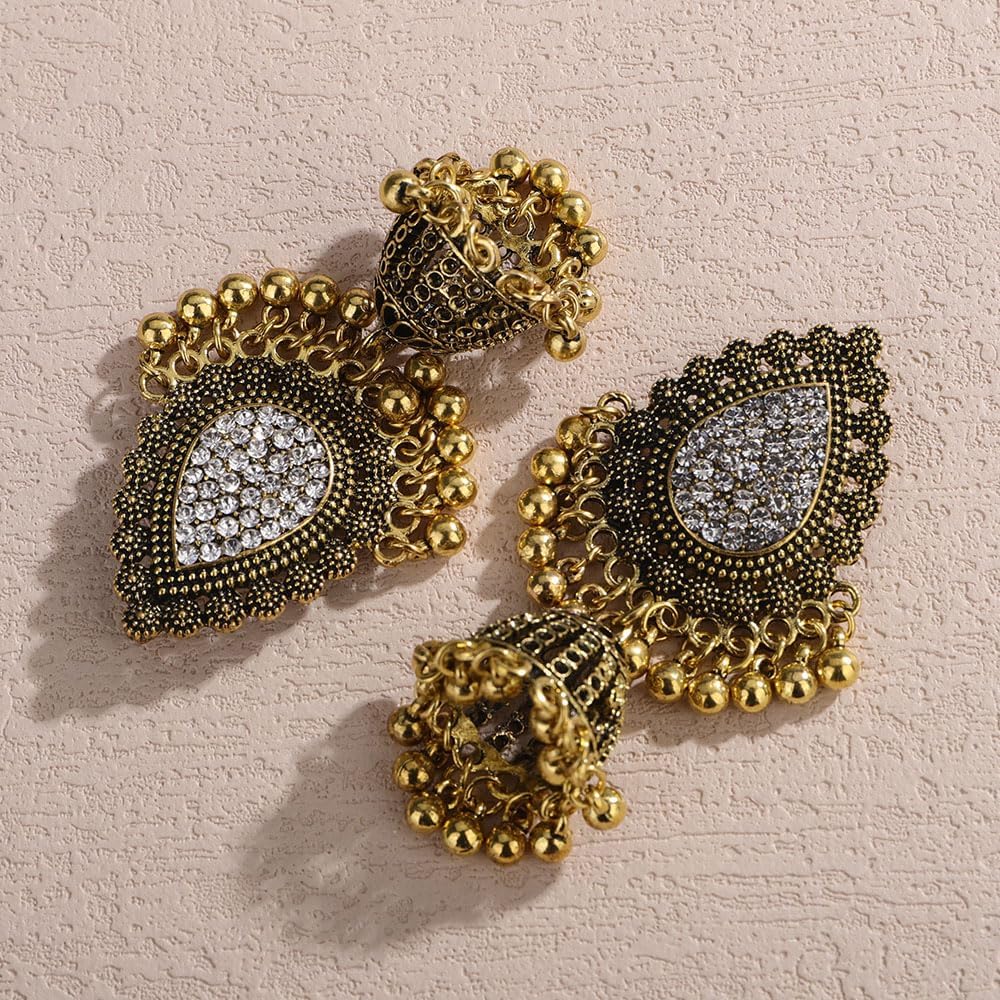 Missgrace Boho Indian Dainty Silver Dangle Circle Beads Teardrop Rhinestone Earrings for Women Vintage Retro Chandelier Earrings Beaded Jhumka Jhumki Tassel Studs Traditional Gold Plated Earrings for Women - Image 5