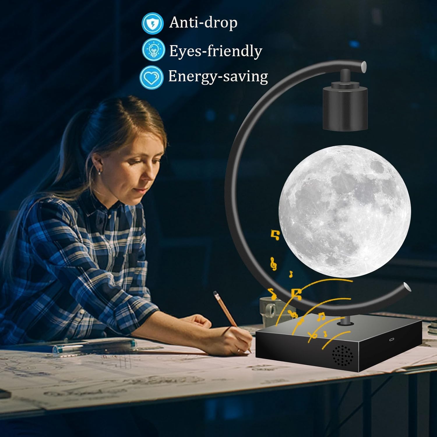 Magnetic Levitating Moon Lamp with Bluetooth Speaker 18W Fast Charger for iPhone iPad Samsung Galaxy Smart Watch Floating 3D Moon Magnet Planet Globe LED Night Light Colorful Christmas Gift