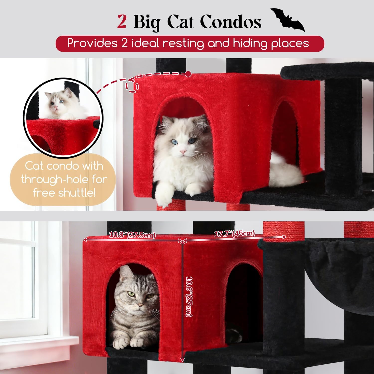 Image showing two large cat condos on the Globlazer S82 cat tree, with cats inside.