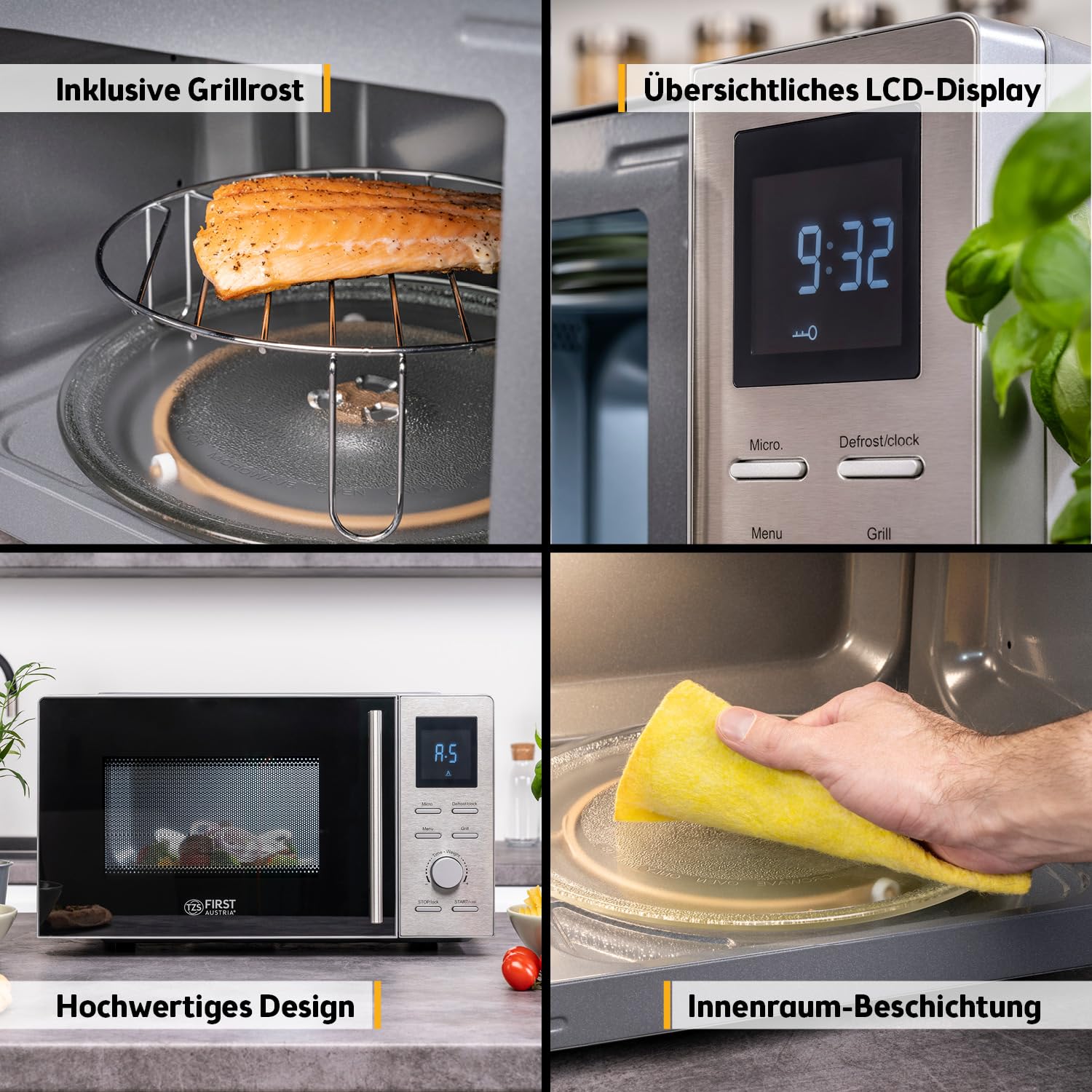 TZS First Austria - Mikrowelle mit Grill - 2-in-1 Mikrowellenofen - 20 Liter - 700 W Mikrowelle & 800 W Grill - Schnellstart - 8 Programme - LCD-Display - Edelstahl