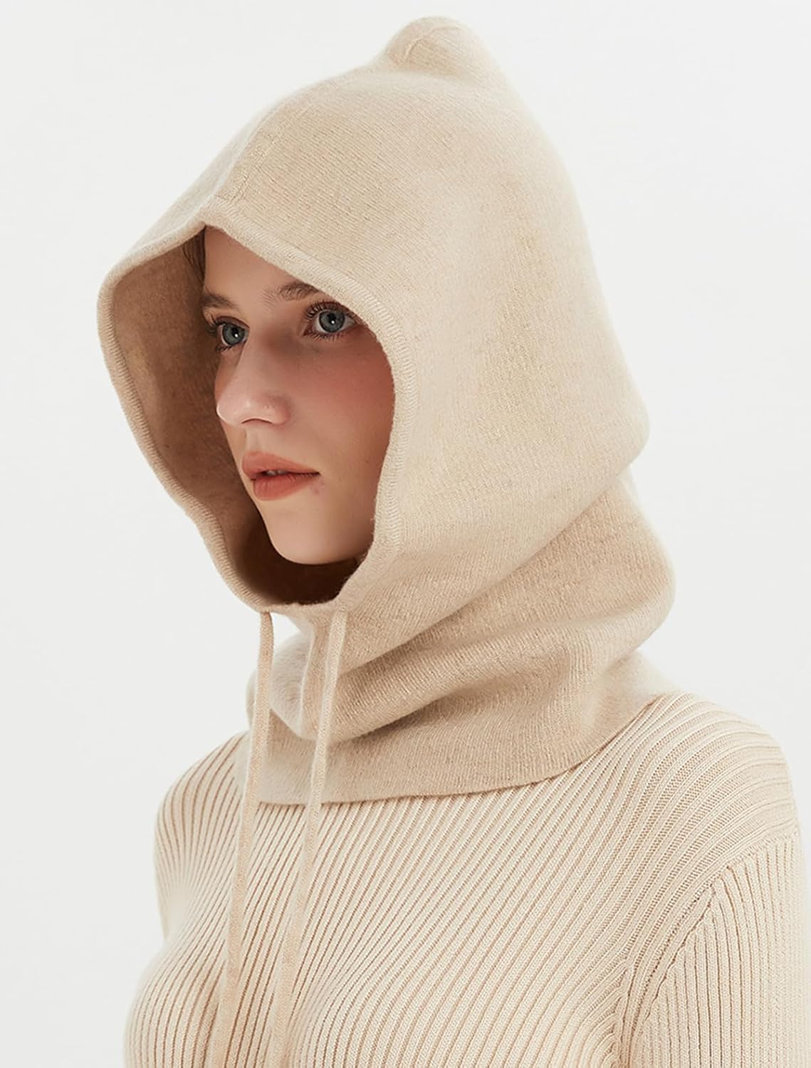 100% Cashmere Knitted Hood Loop Scarf for Women Men, Winter Soft Warm Knit Beanie Hat Circle Scarves 2-in-1 with Drawstring, Stylish Balaclava Earflap Hat Neck Warmer for Outdoor Sports Beige F