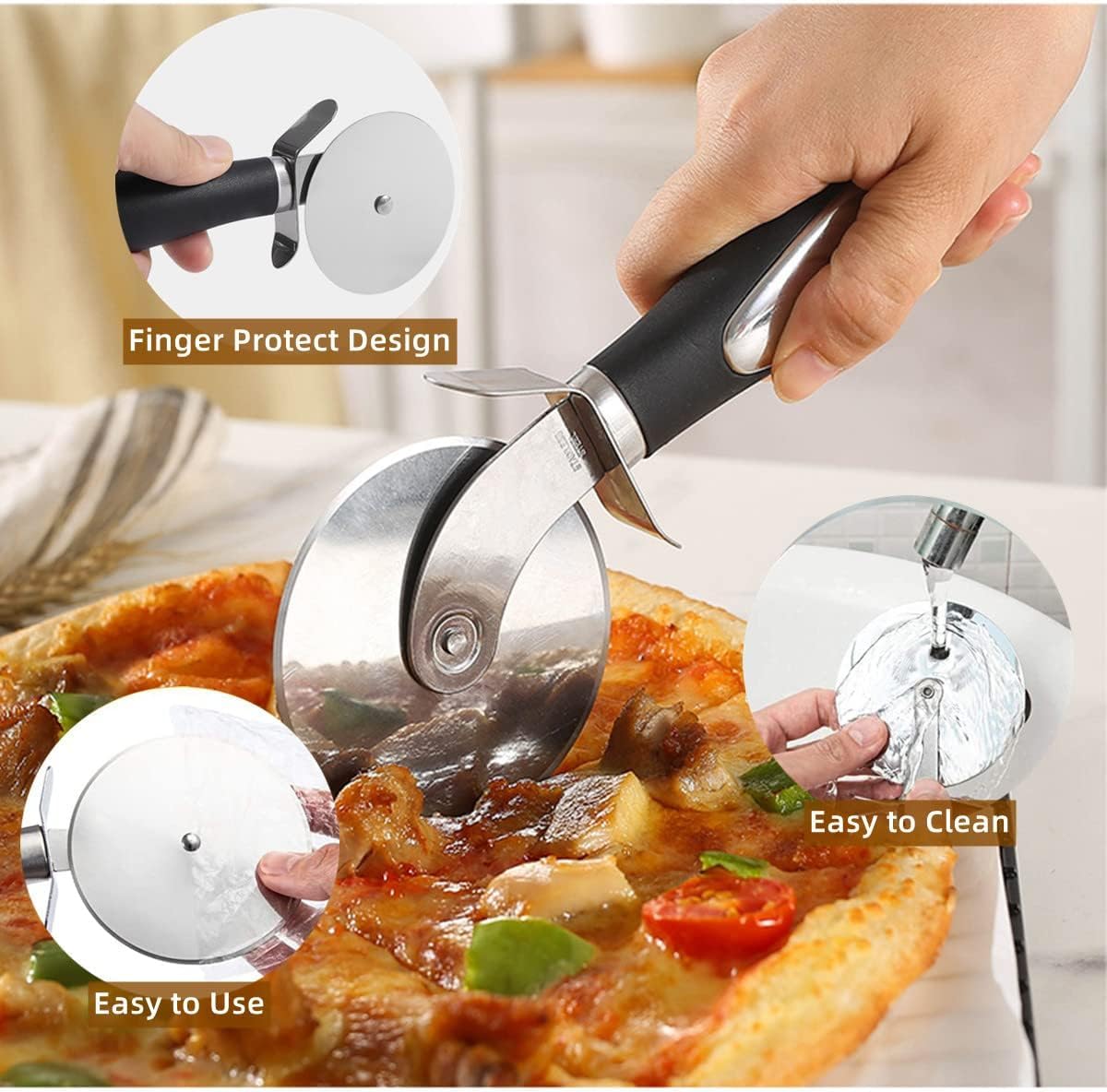 Cortador Pizza, Cuchillo Para Pizza de Acero Inox Corta pizza de Medialuna con Mango de Madera Pizza Ruedas Cortadora para Pizza Pastel y Pan