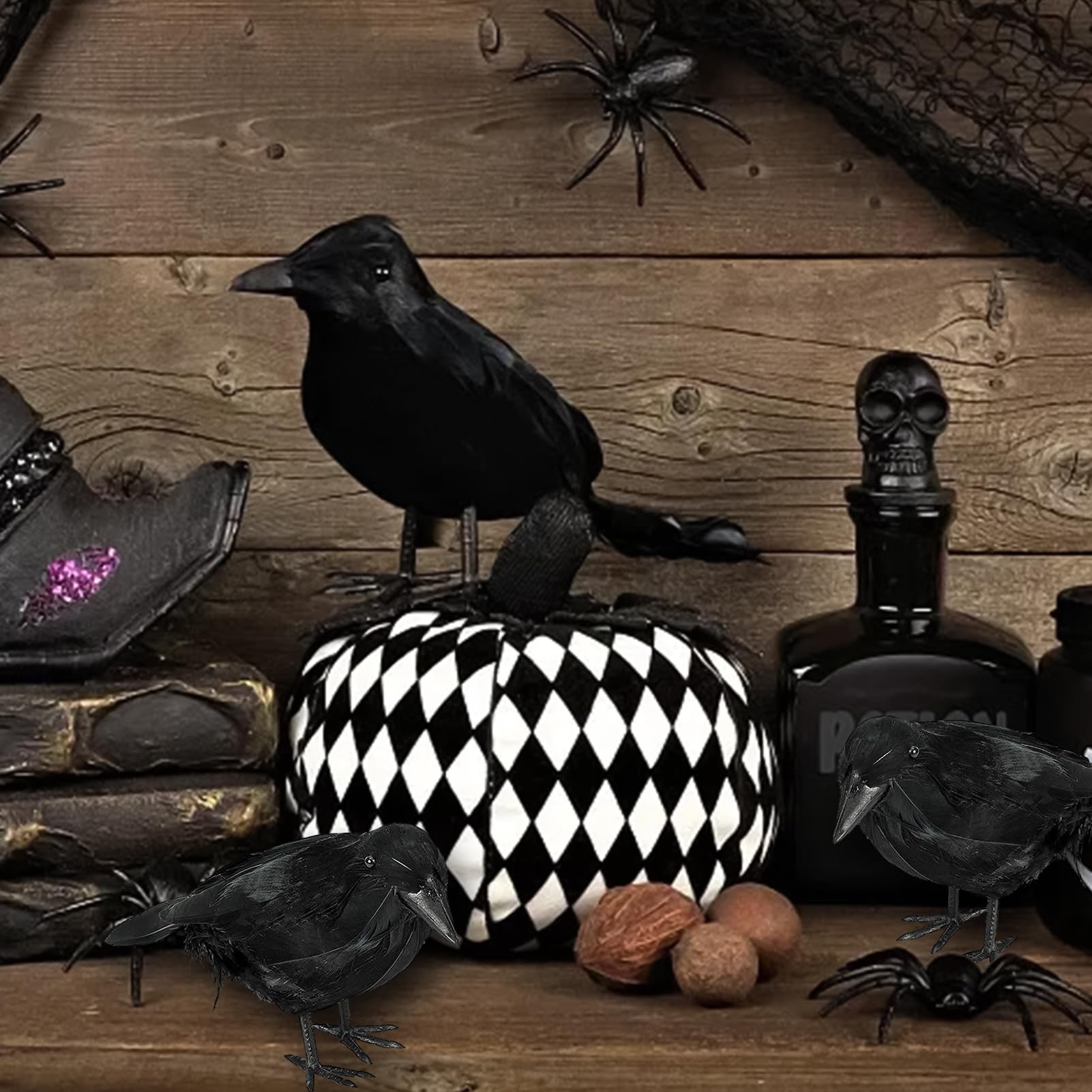 Lot De 6 Corbeaux à Plumes Noires Pour Halloween, Décoration D'intérieur Et D'extérieur - 18 X 10,5 Cm