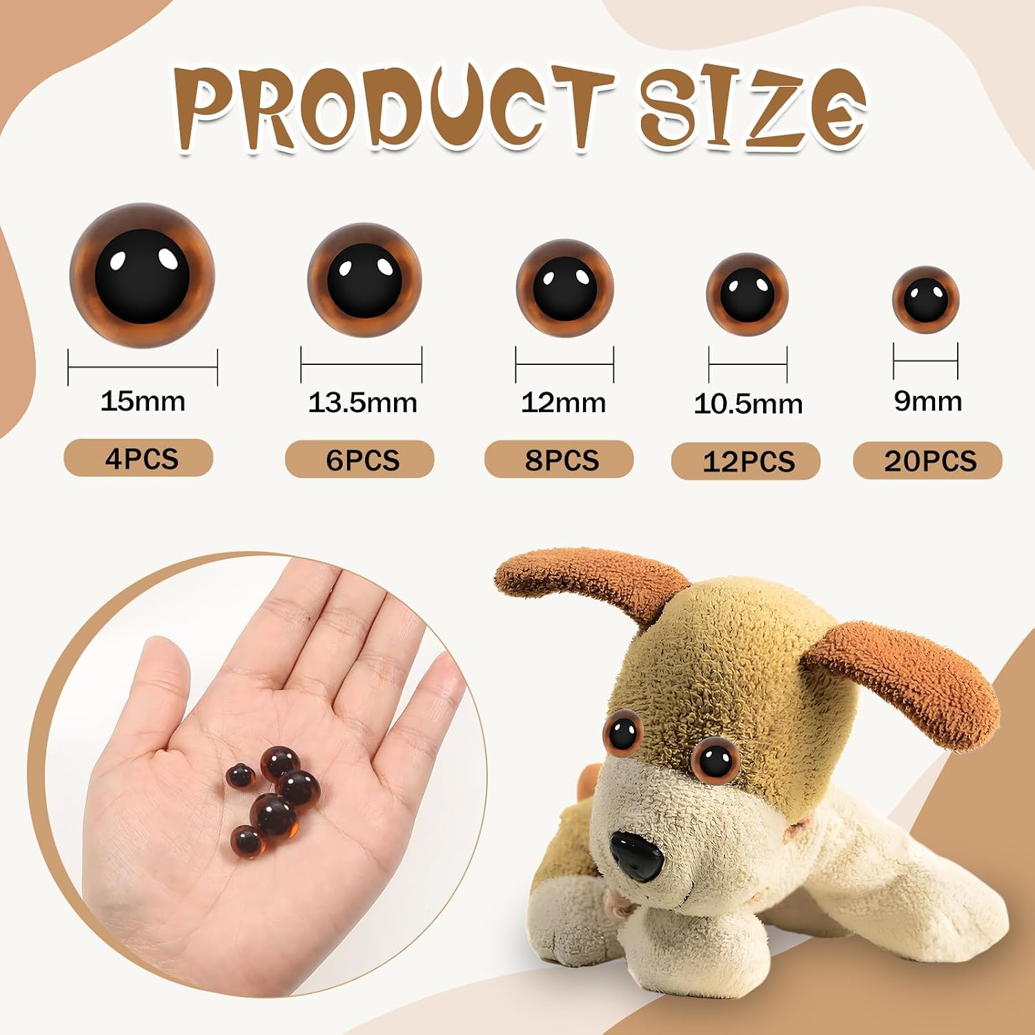 TOAOB 50pcs Sew On Safety Eyes Buttons Brown 9mm to 15mm Plastic Mushroom Domed Sewing Crafting Eyes for DIY Stuffed Animals Amigurumis Crochet Doll Making