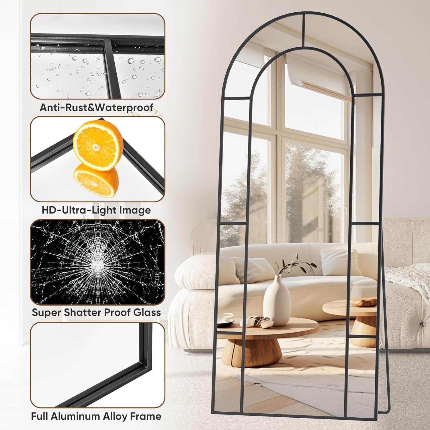 AUYHM Mirror Window,21"x58" Full Length Arched Mirror,Wall Mirrors,Full Length Mirrors Wall Mounted,Window Mirrors for Wall Decor(Black)