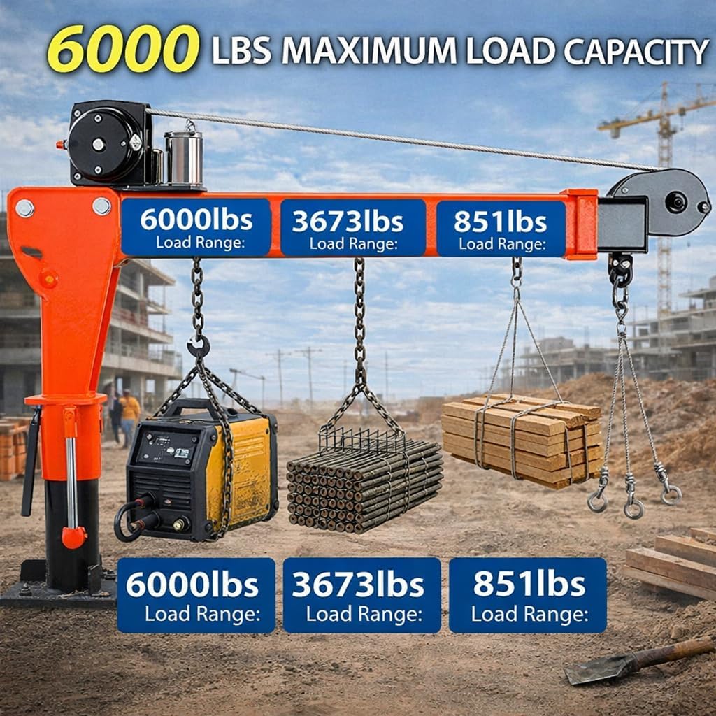 Electric Truck Crane,6000 Lbs Capacity, Truck-Mounted Bed Crane with Electric Winch 10000 lbs 12V,360° Adjustable Boom for Lifting Goods in Workshop Loading Construction, Factory
