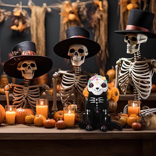 Miniatura 6 de Hiboom Peluche de gato negro de esqueleto de 13 pulgadas, suave peluche de gatito negro para Halloween, día de los muertos, decoración de regalo de