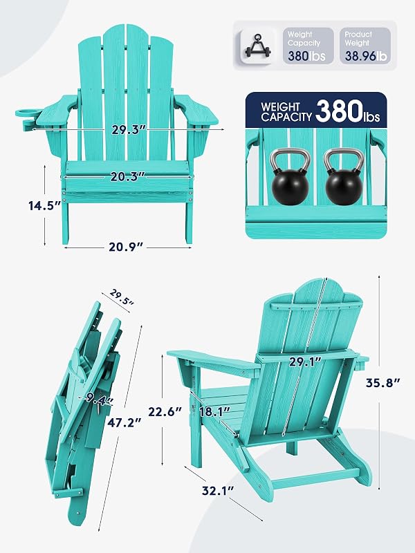 KINGYES Adjustable Adirondack Chairs Set of 2, Folding Outdoor Chair, Aruba image 3
