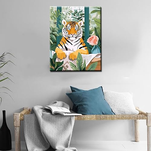 Miniatura 3 de Pintura por números para adultos, baño, animales, bricolaje, pintura al óleo digital, pintura acrílica, tigre en inodoro, arte de pared, hojas