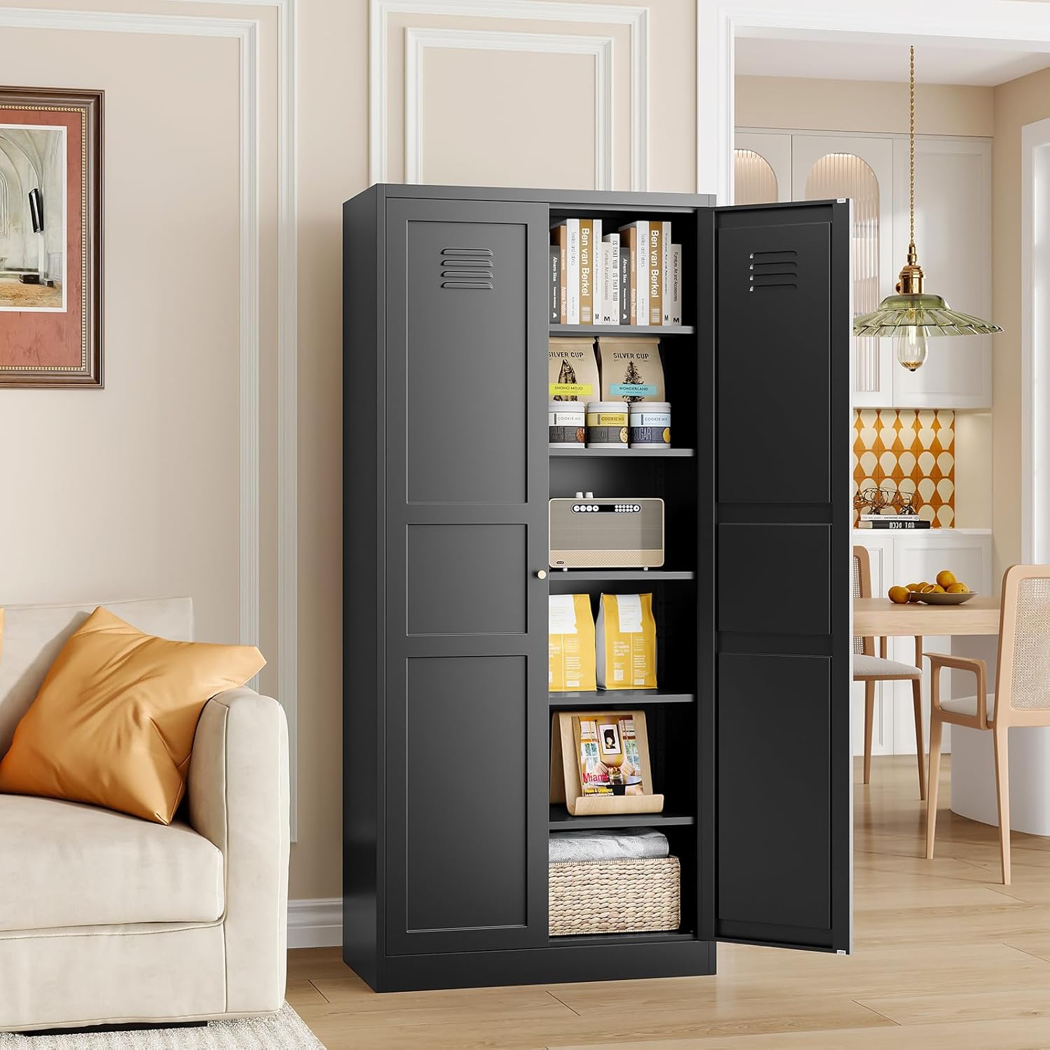 MIIIKO Metal Pantry Cabinet, Utility Storage Cabinets with 2 Doors and 5 Shelves, Freestanding Black Tall Cupboard for Garage, Shop, Laundry Room and Office, 71" H x 15.7" D x 31.5" W