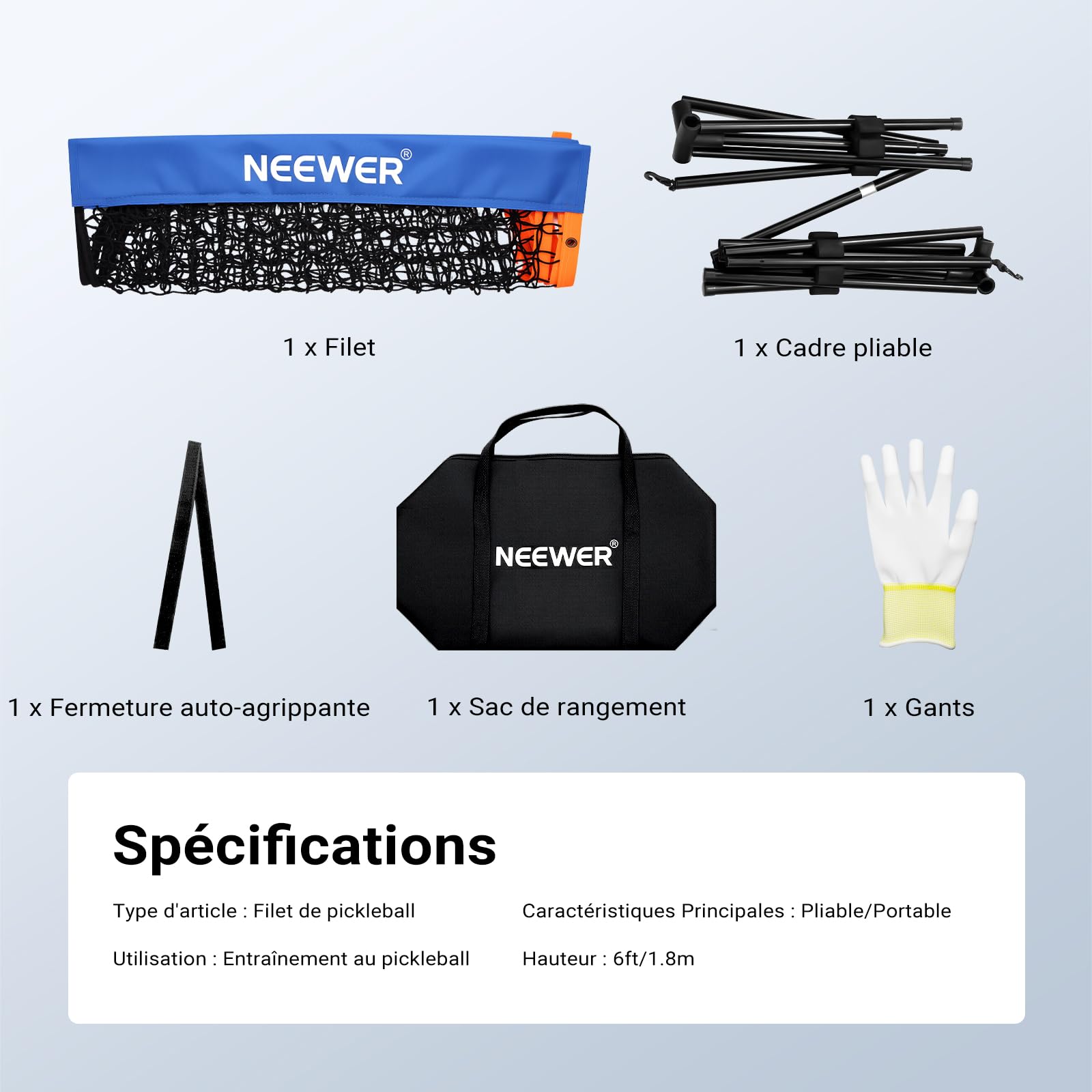 NEEWER Filet Pickleball de 1,8m de Large,Petit équipement Portable et Pliable pour Allée, Accessoires pour Entraînement et Pratique du Pickleball en Intérieur et en Extérieur,Aucun Outil Requis,PB01N