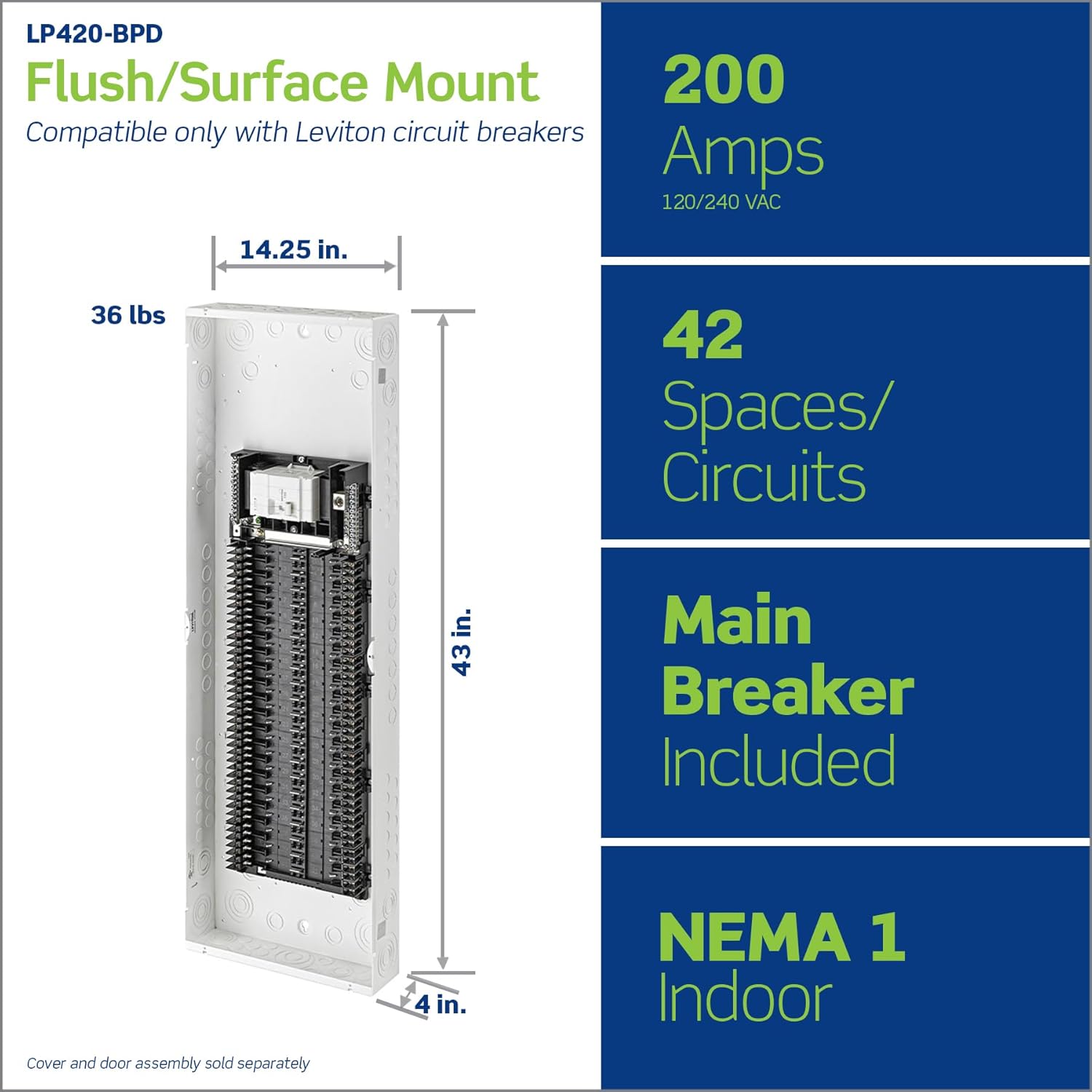 Leviton LP420-BPD 42 Space, 42 Circuit Indoor Load Center with 200 Amp Main Circuit Breaker