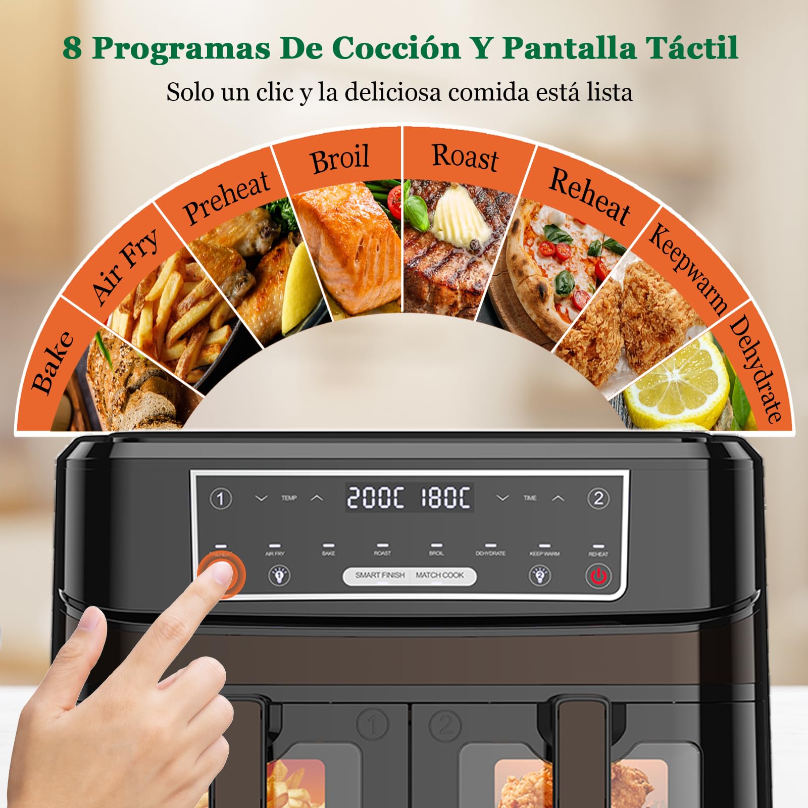 Freidora de Aire Doble Zona | 10L Freidora Aire Control Independiente Temperatura, 8-en-1 Freidora Sin Aceite con Ventana Observación Control Táctil máx 200℃, Air Fryer Grande 2600W Luz Incorporada