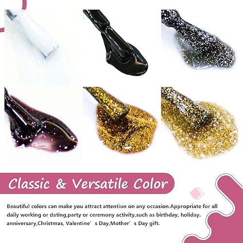 Miniatura 2 de eodci Kit de esmalte de uñas de gel, esmalte de gel UV, 6 colores con purpurina, negro, blanco, dorado, serie Soak Off, juego de esmalte de gel para
