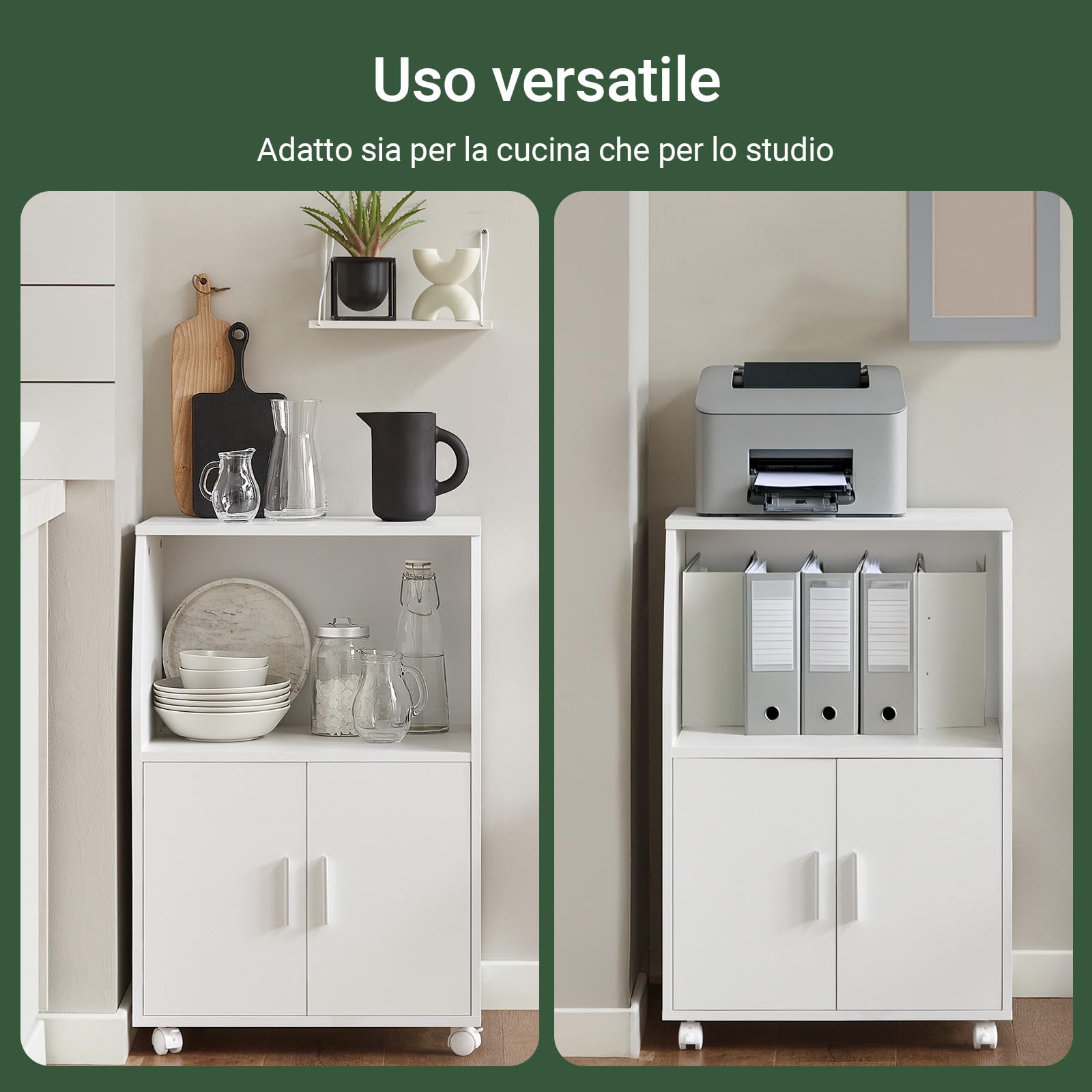 SoBuy Mobile Cucina Salvaspazio con Ante e Ripiano Regolabile – Carrello con Ruote Compatto per Microonde, Stampa o Caffè – Credenza Cucina Moderna Bianca 92x59x40 cm FRG241-W