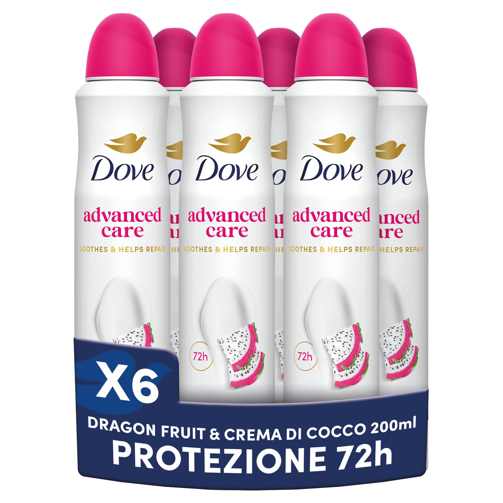 Dove Deodorante Spray Advanced Care Dragon Fruit & Coconut Cream, Deodorante Antitraspirante 72 Ore Protezione Sudore e Odori, con Formula Idratante e Delicata sulla Pelle, 6 Pezzi da 50 ml