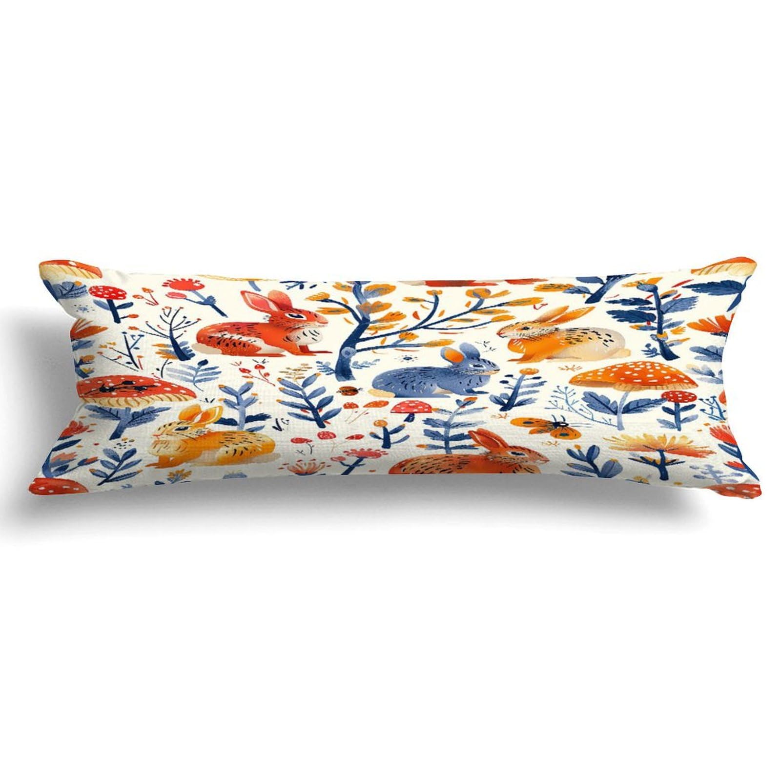 Retro Rabbits and Floral Long Body Pillow Case Cover for Pregnant Women Adults 20x59in,Chinoiserie Asian Style Machine Washable Soft Bed Long Body Pillow Cover with Zipper