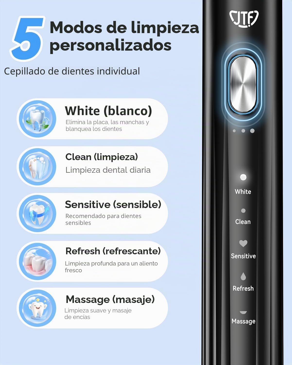 JTF Cepillo de Dientes Eléctrico Sónico con Limpieza y Secado UV, Estación de Carga Inalámbrica, 5 Modos de Limpieza, 6 Cabezales de Repuesto, Vaso Incluido y Resistente al Agua IPX7 (Negro)