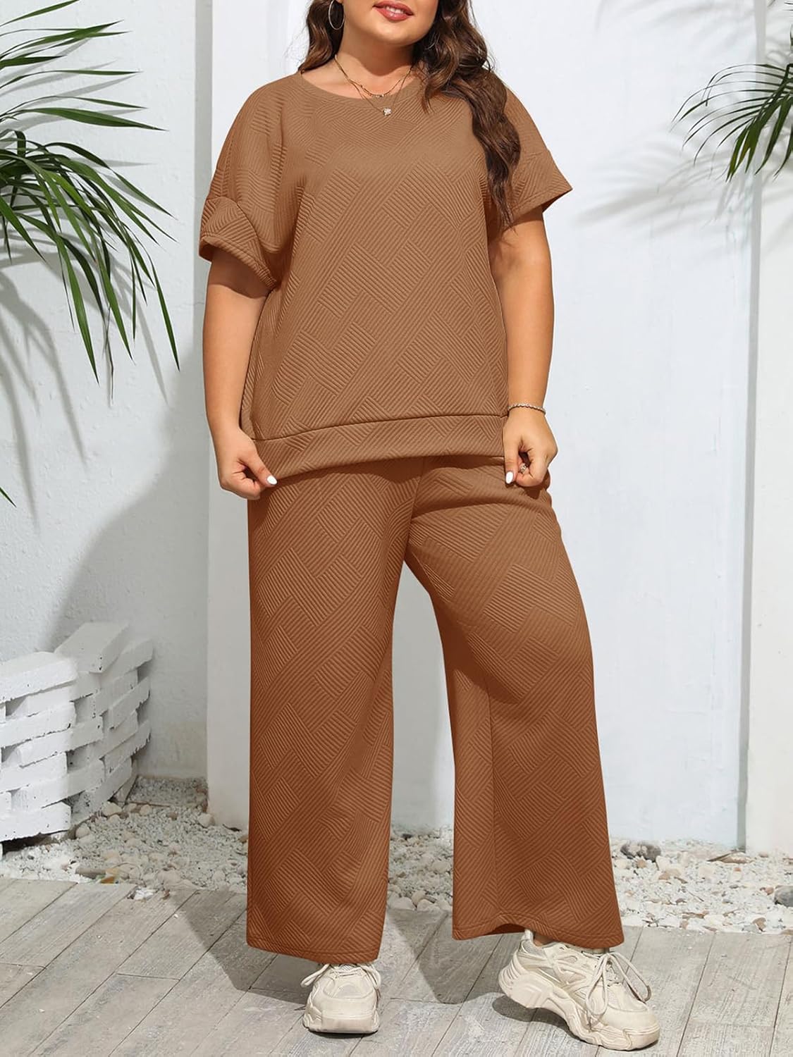 Imily Bela Womens Plus Size 2 Piece Sets Summer Vacation Outfits Short Sleeve Tops and Wide Leg Pants Matching Lounge Set - Image 2