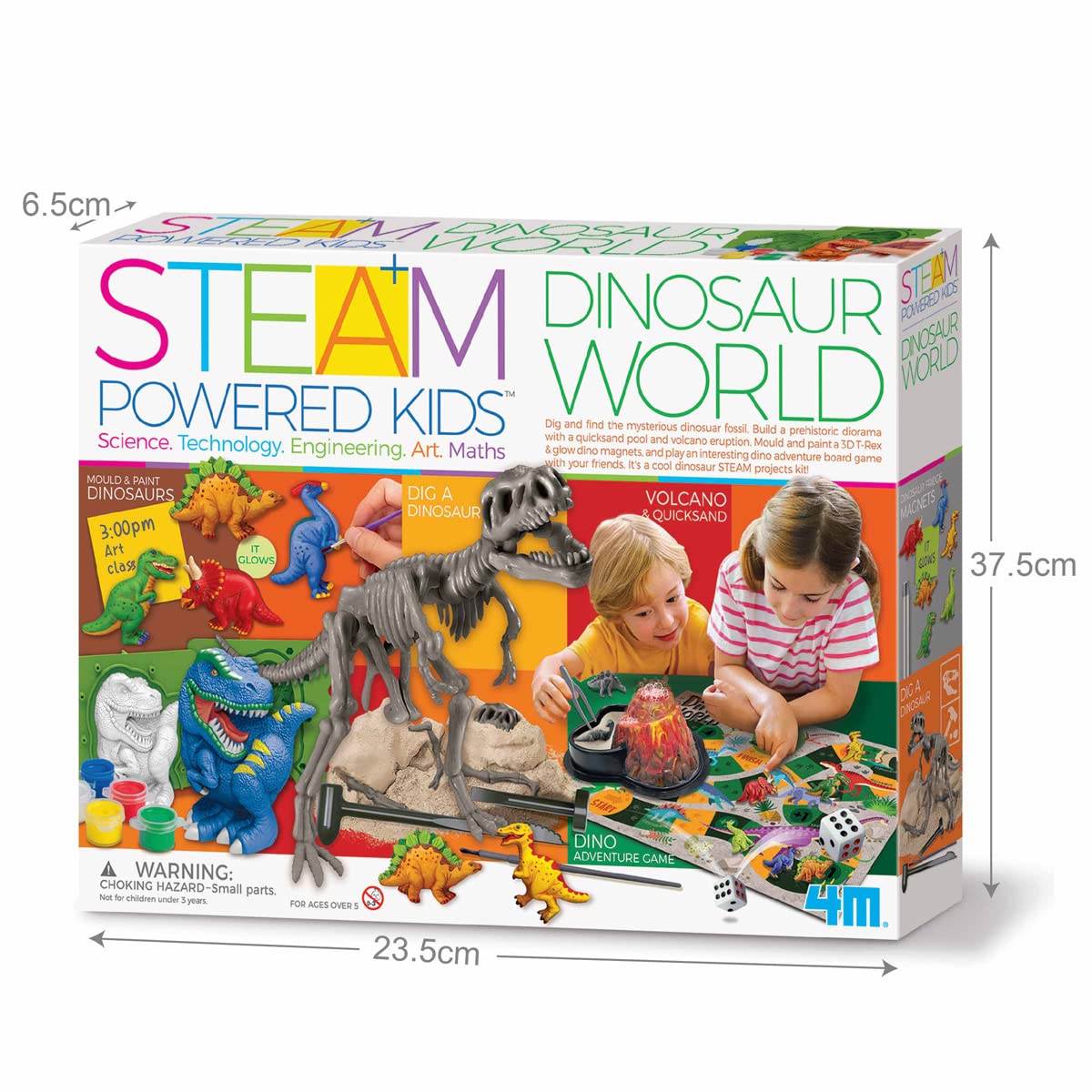 4M STEAM Powered Kids Dinosaur World Science Kit – Excavate Fossils, Build a Volcano, Paint a 3D T‑Rex & Glow Dino Magnets, Includes Board Game & Diorama for Hands‑On Learning Ages 5+