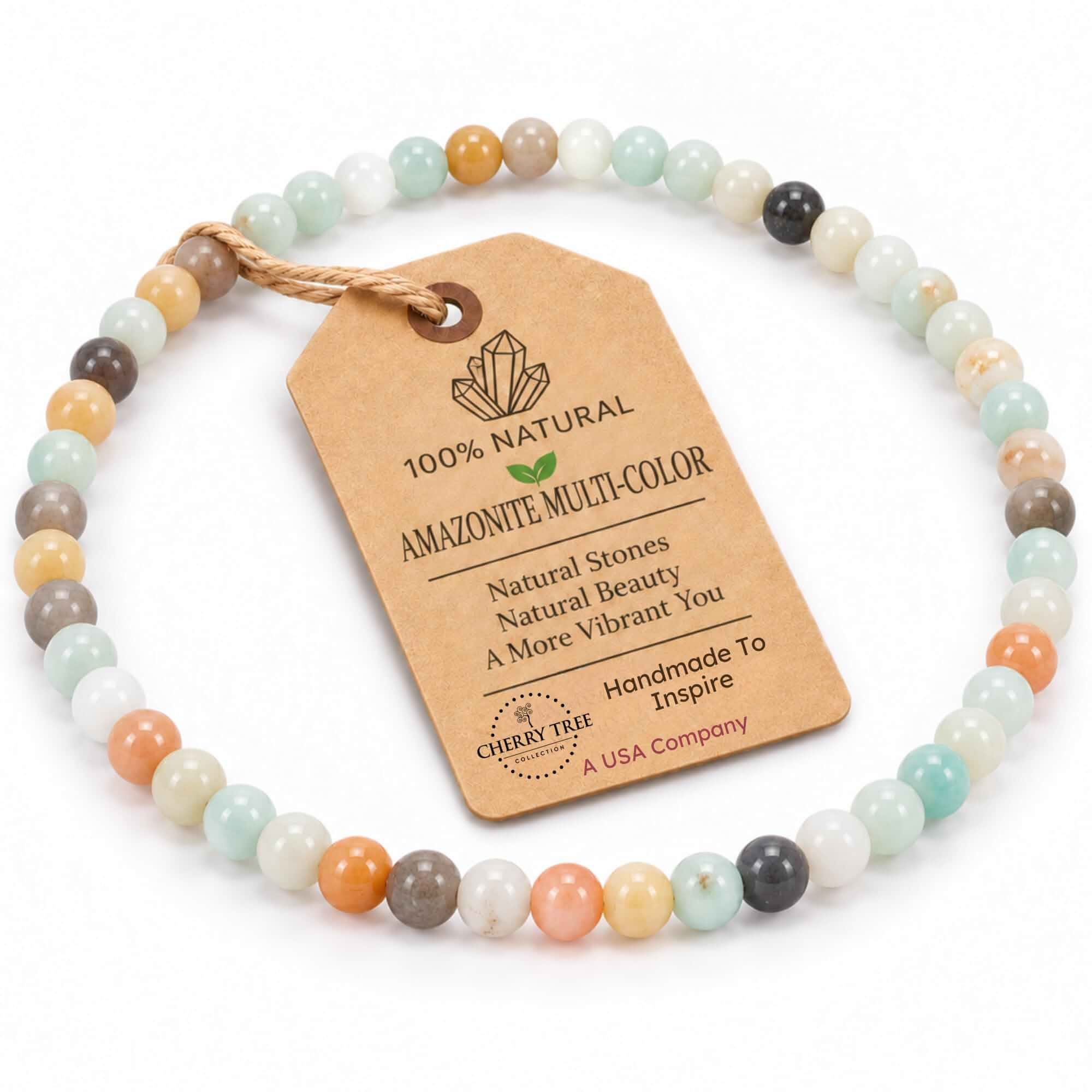 Cherry Tree Collection Gemstone Bracelet 4mm Beaded Stretch Bracelets Dainty Healing Crystal Jewelry for Women and Men, Natural Stones Promote Protection and Energy, Sizes S M L, with Pouch