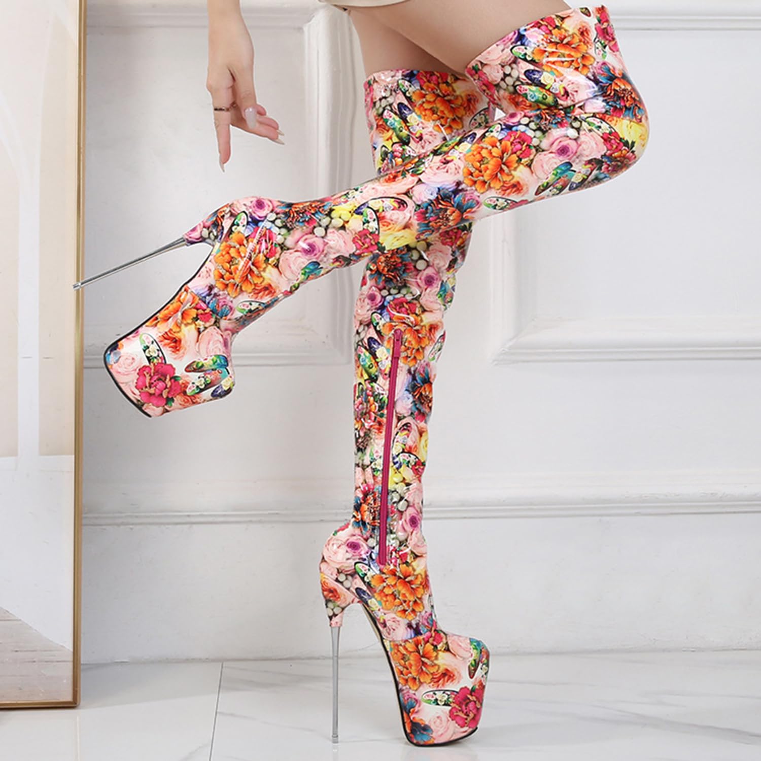 WOilERQ Damen Overknee-Stiefel, Plateau-Stiletto-Absatz-Stiefeletten mit Reißverschluss, Ethno-Print, High Heels, sexy Fetisch-Pole-Dance-Stripper, Unisex-Schuhe