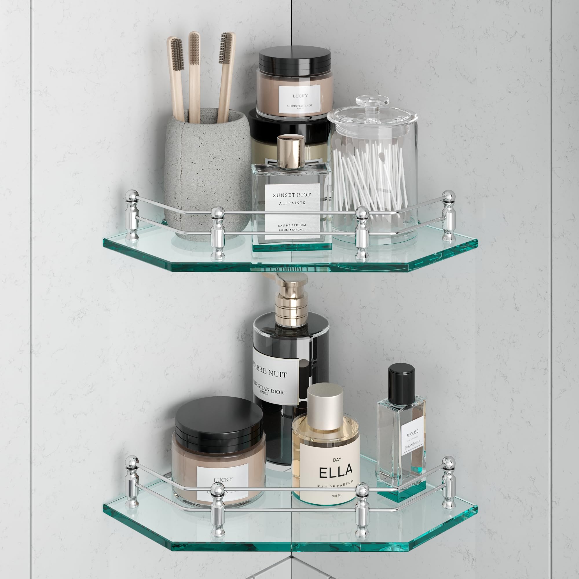 U-S-F BATH ACCESSORIES Executive Wall Mounted 8mm Glass Corner Shelf | Bathroom Shelves Accessories Racks | Weight Bearing Upto 10 Kg | Stand (9x9 Inches | Transparent | Diamond | Pack of 2)-image-20
