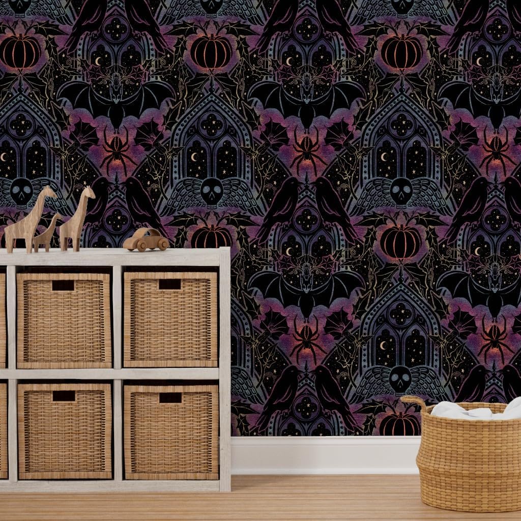 Spoonflower Peel & Stick Wallpaper 3ft x 2ft - Gothic Halloween Celestial Rainbow Purple Damask Spooky Texture Witches Pumpkins Custom Removable Wallpaper