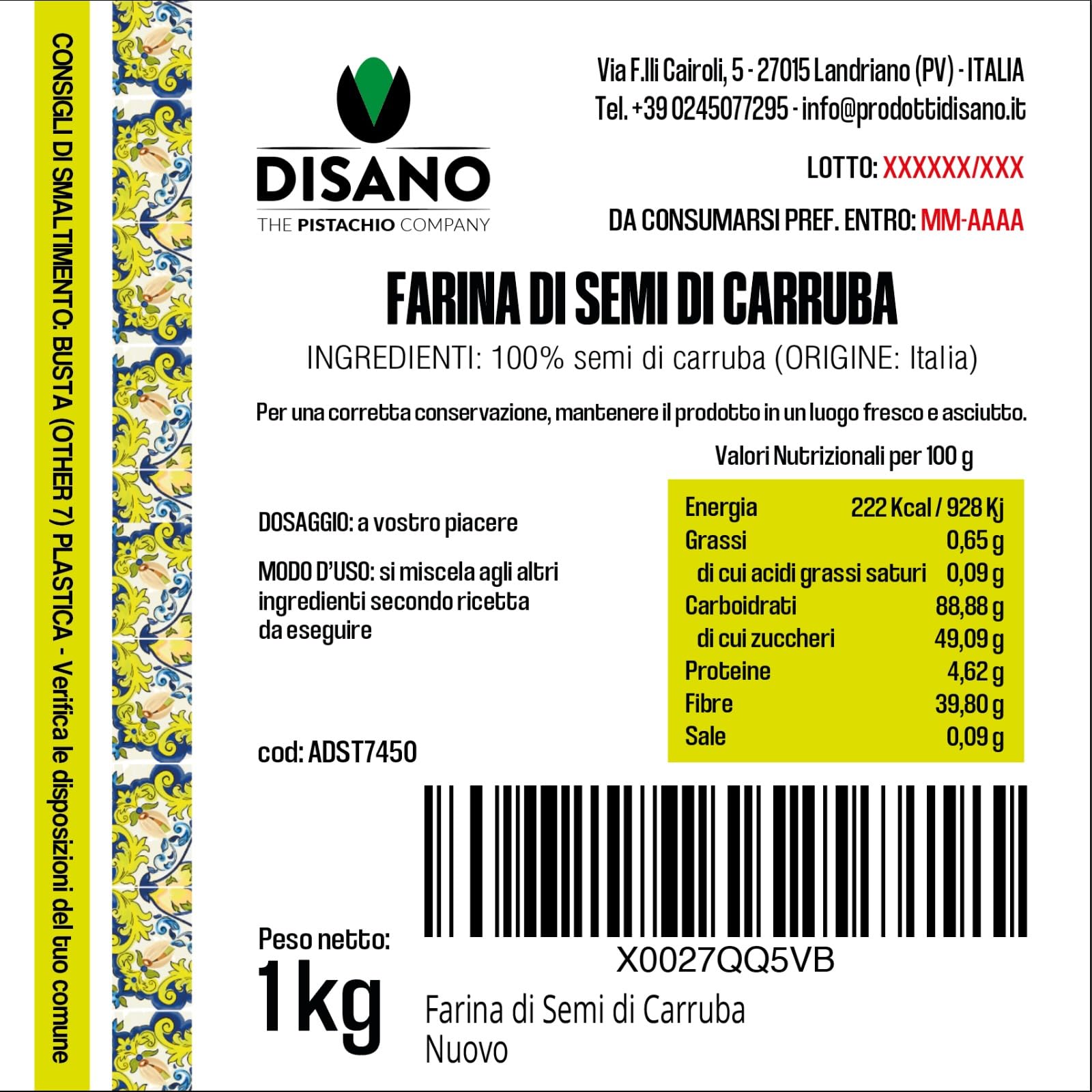 Farina di semi di carruba, 1 kg, origine Italia, uso come addensante/stabilizzante per gelati, sorbetti, condimenti e salse. Disano