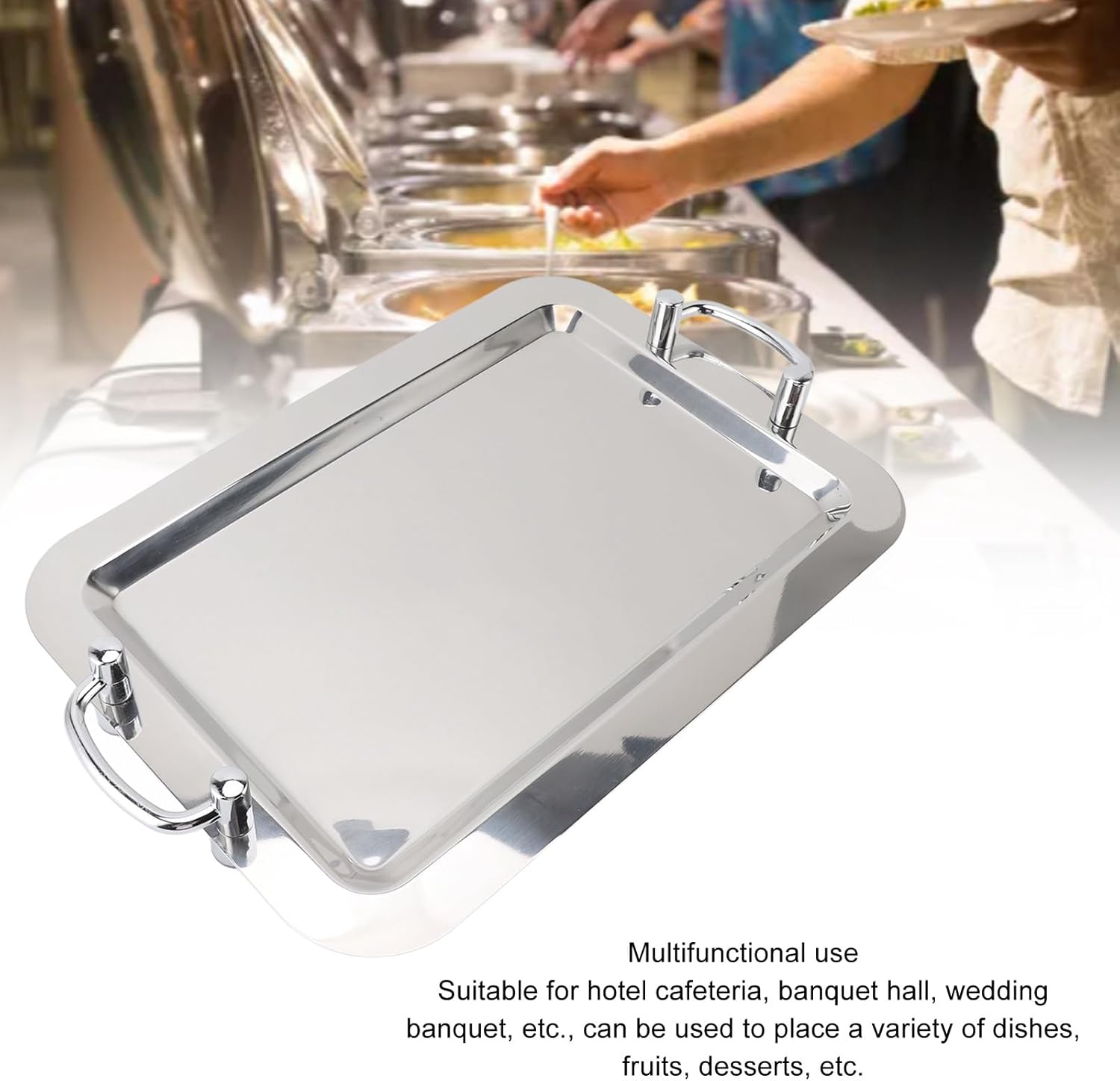 Fockety Stainless Steel Serving Tray, Multifunction Portable Metal Serving Tray with Handle, Buffet Serving Snack Tray for Coffee, Desserts, Cakes, (Rectangle Shape with