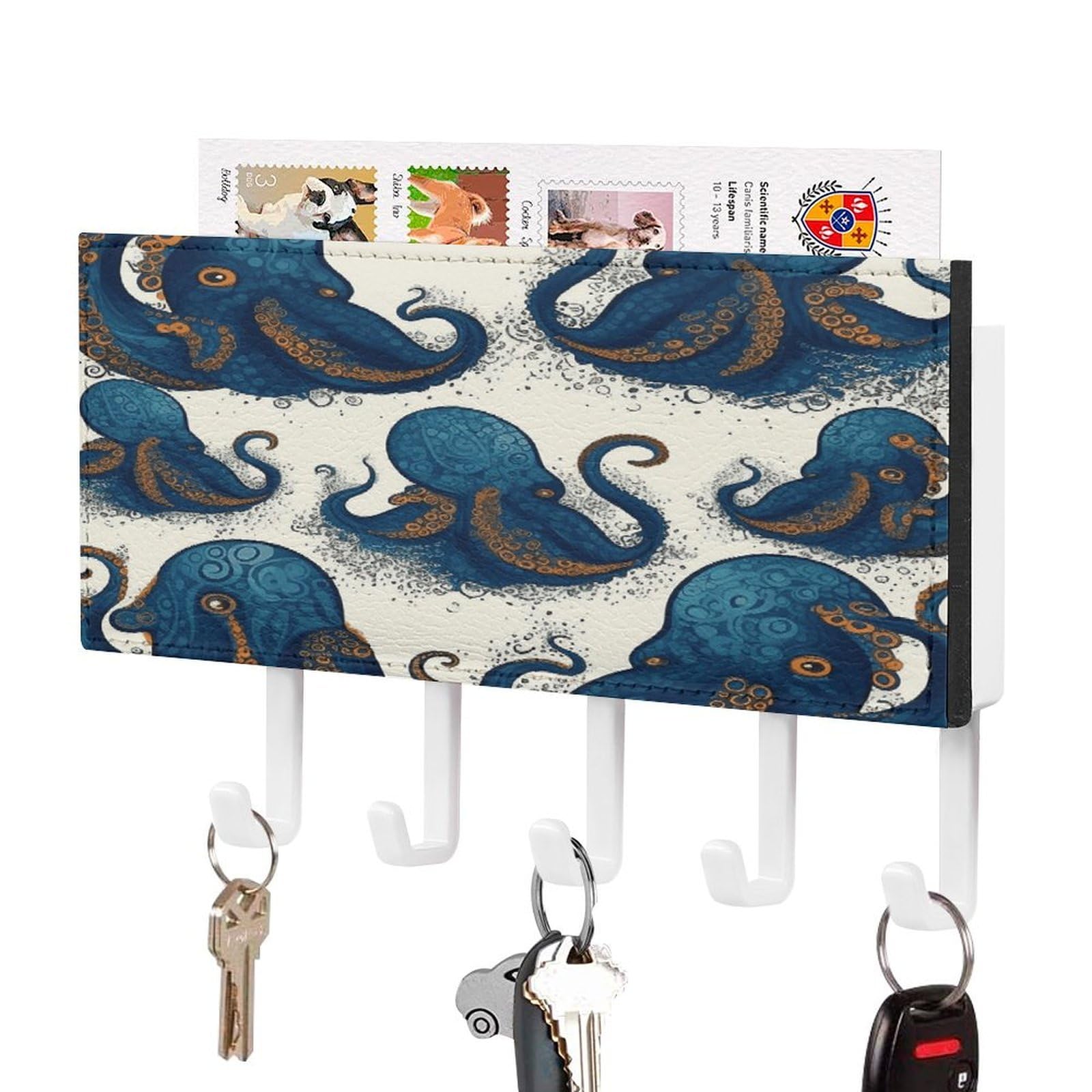 LDGSUPH Tentacles Octopus Key Holder Wall Mount Key Hanger with 5 Hooks Fashion Key Organizer Rack Hanging Key Hooks with Mail Organizer Key Rack for Home Entryway Hallway White-Style