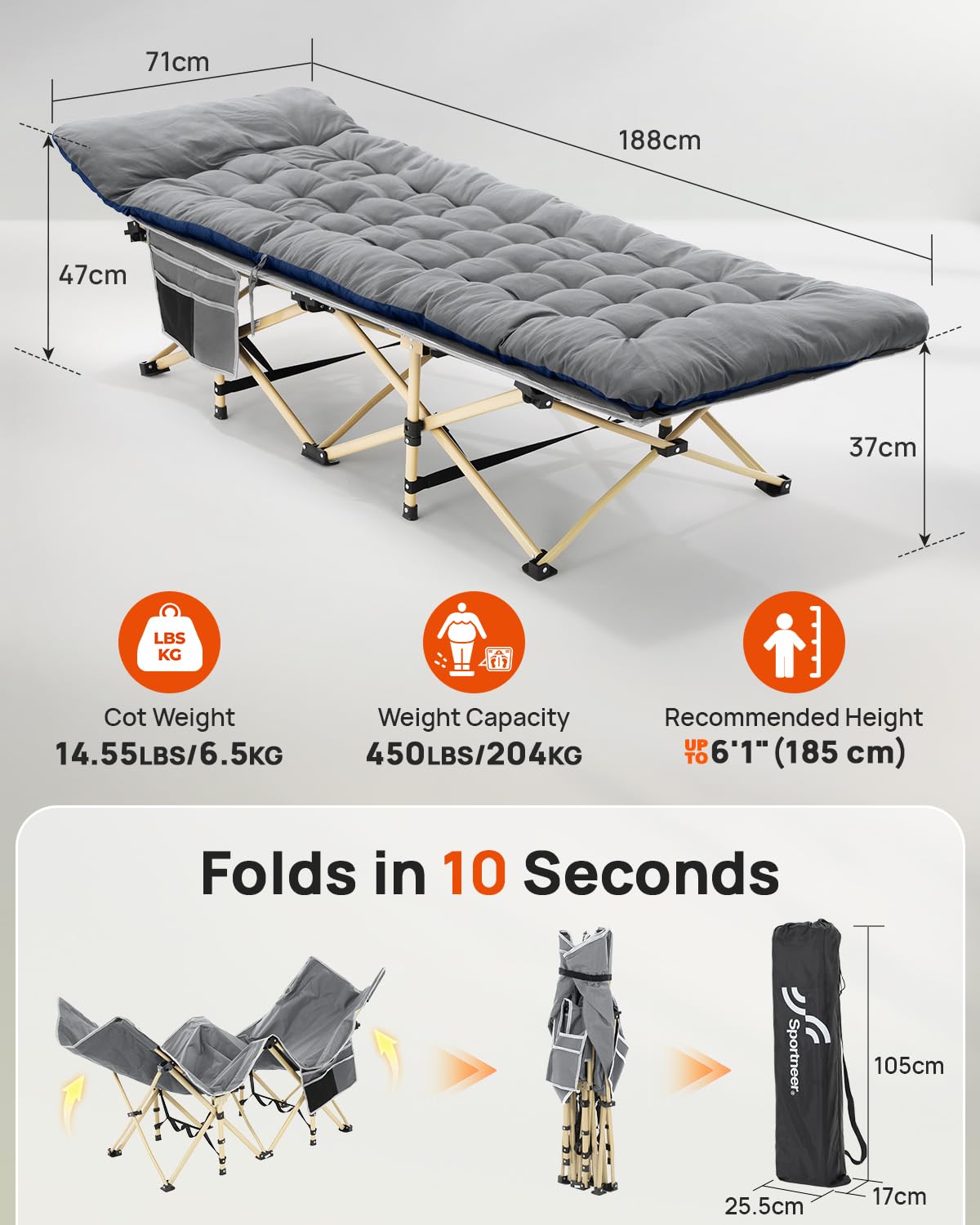 Sportneer Culla da Campeggio Portatile con Materasso, Lettino Pieghevole per Adulti 188 x 71 x 35 cm Pesante Pieghevole con Imbottitura per Tenda da Campeggio, Ufficio